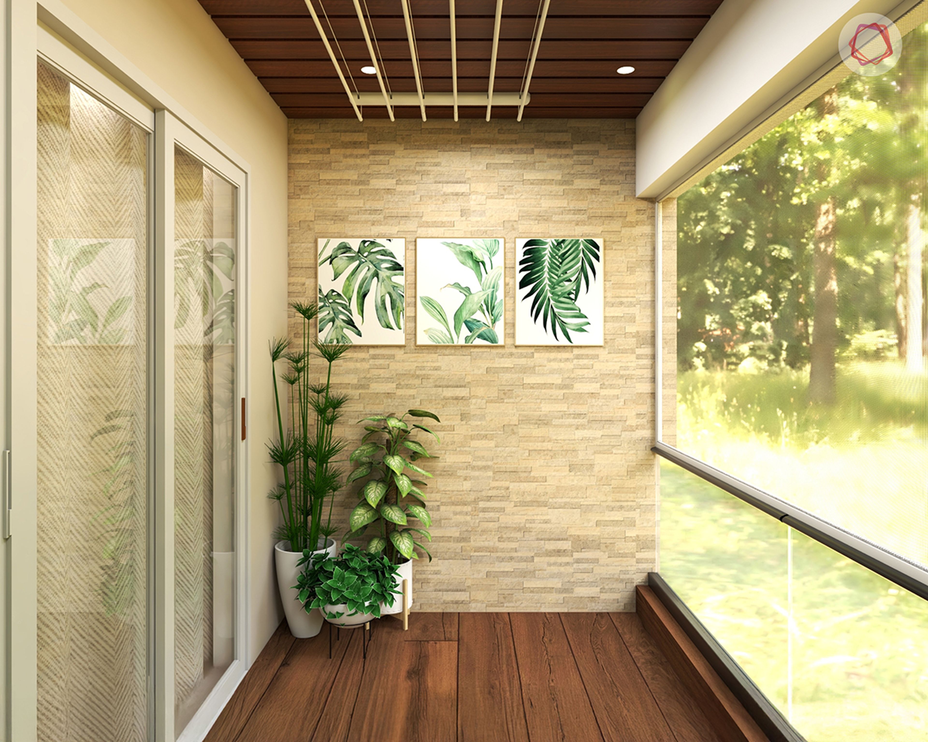 Tropical Balcony Design with Stone Wall and Wooden Ceiling Finish