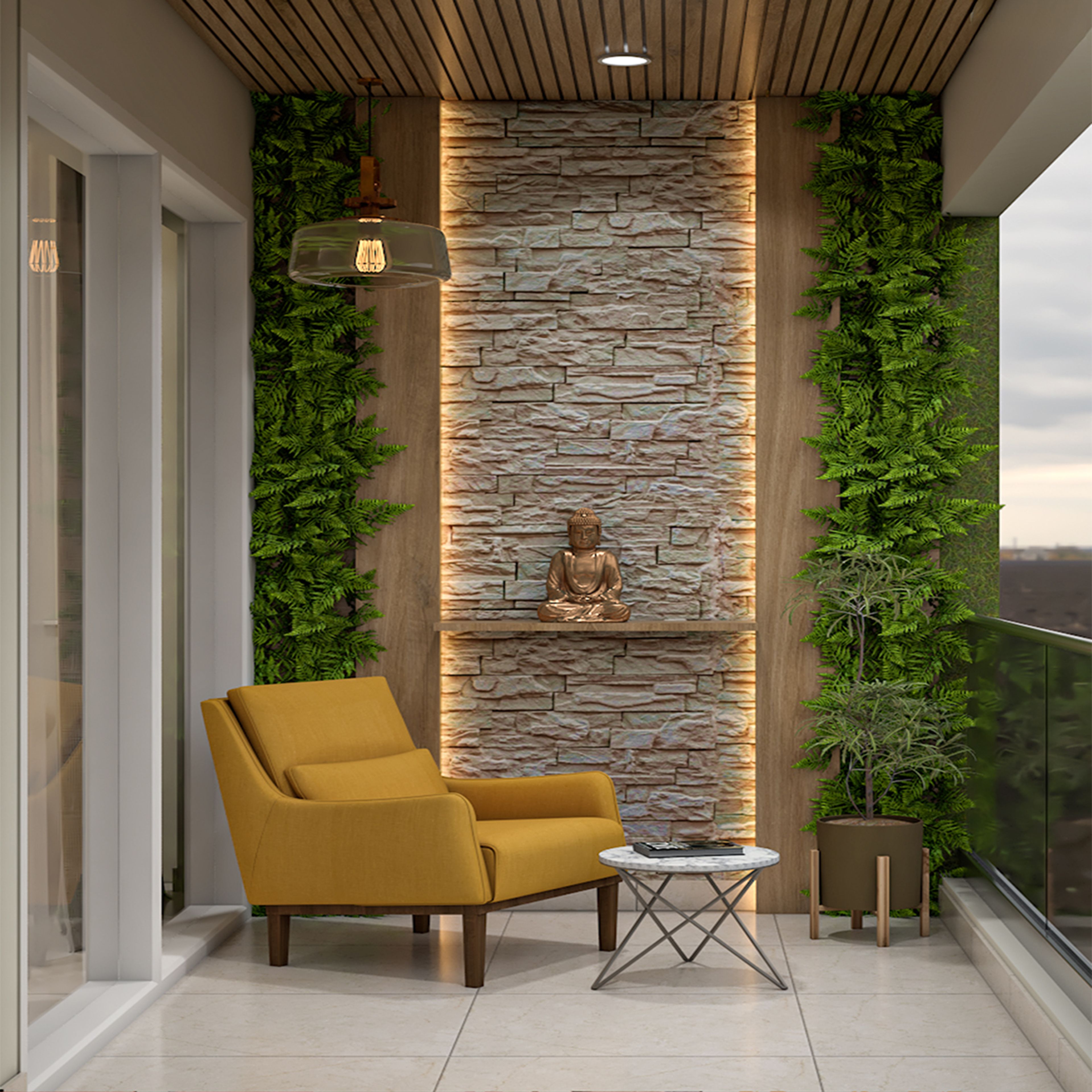 Bohemian Balcony Design with Stone Panel and LED Lighting Setup