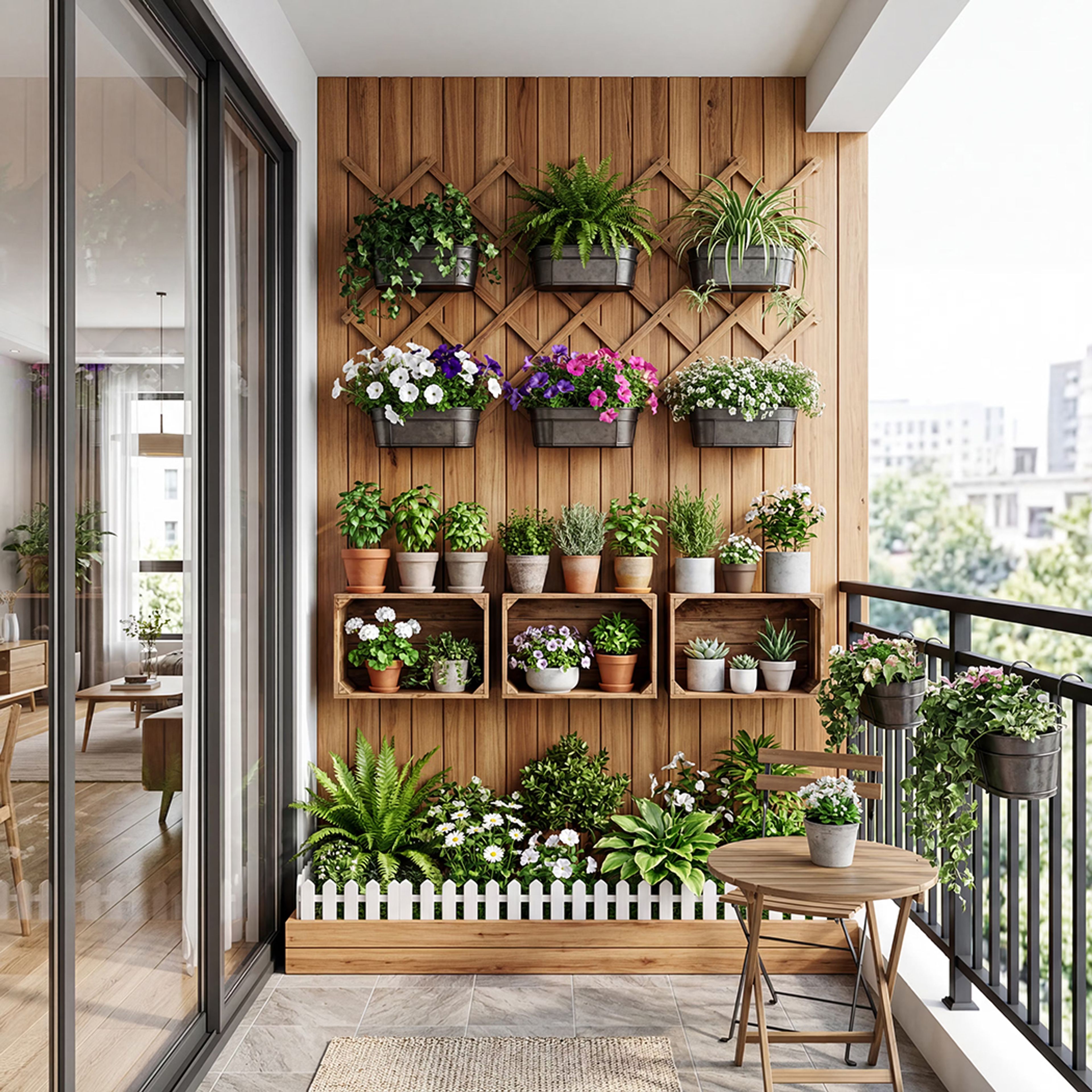 Modern Balcony Design with Trellis Framework and Dense Vertical Garden