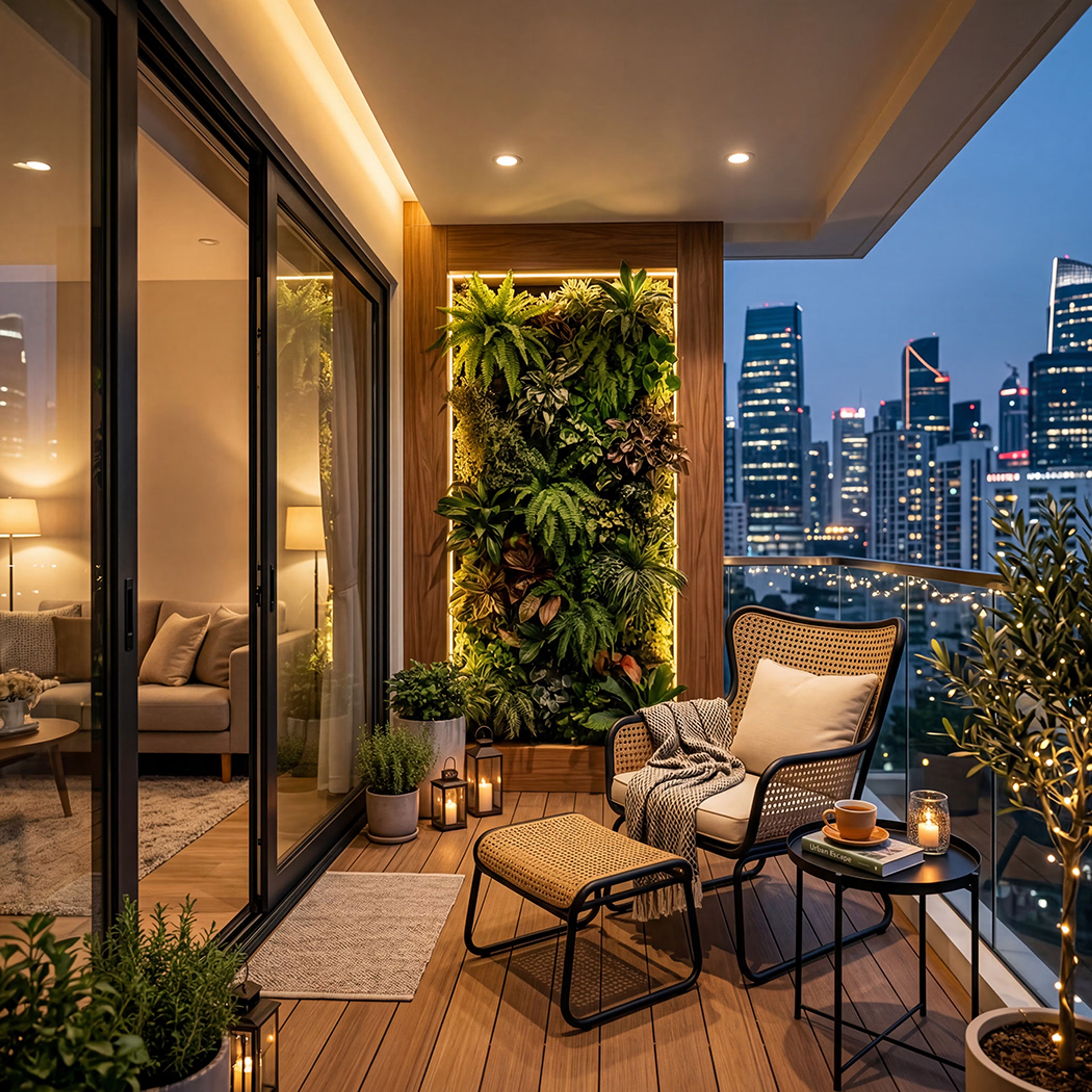 Modern Balcony Design with Backlit Vertical Garden and Wooden Deck