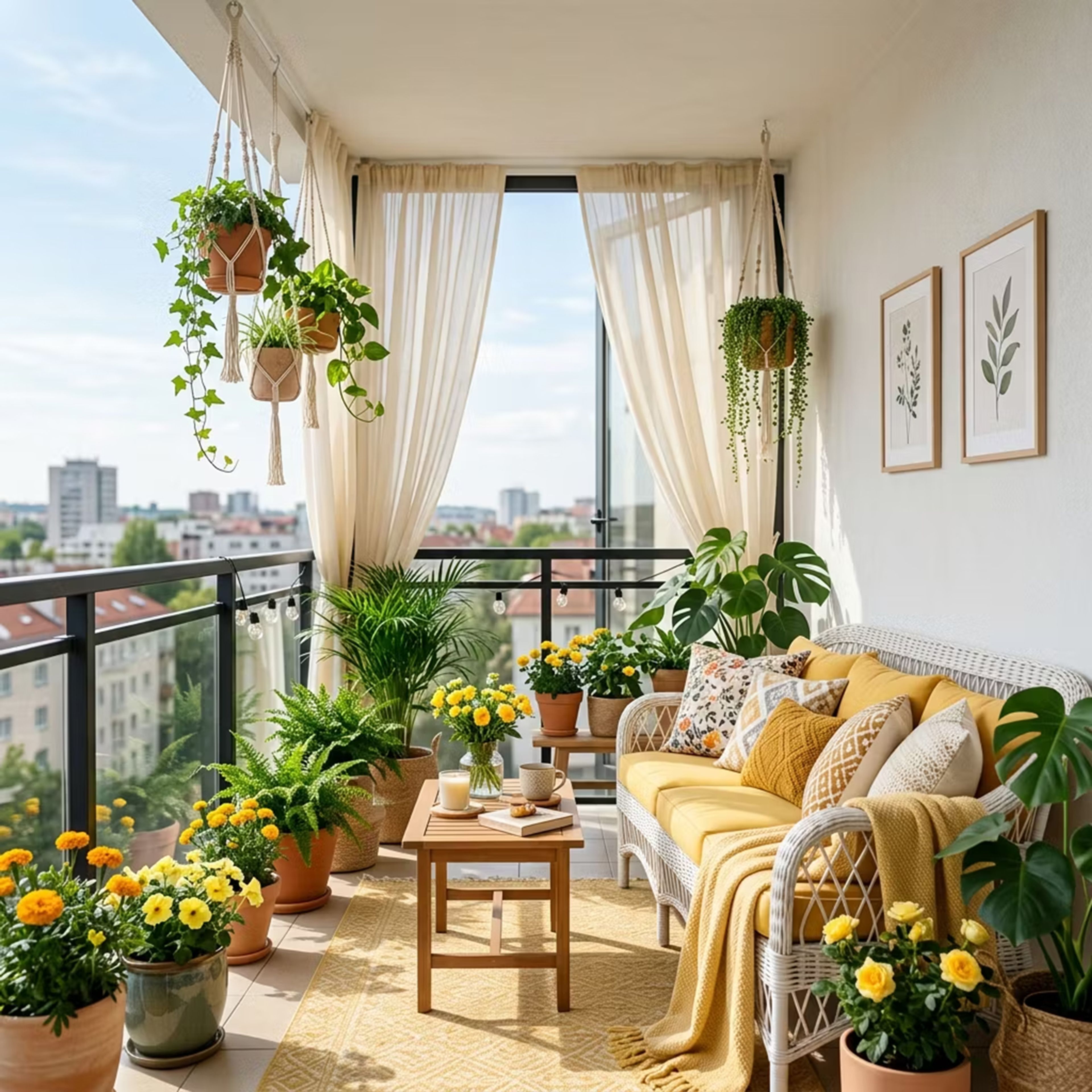 Bohemian Balcony Design with Rattan Sofa and Macrame Planters