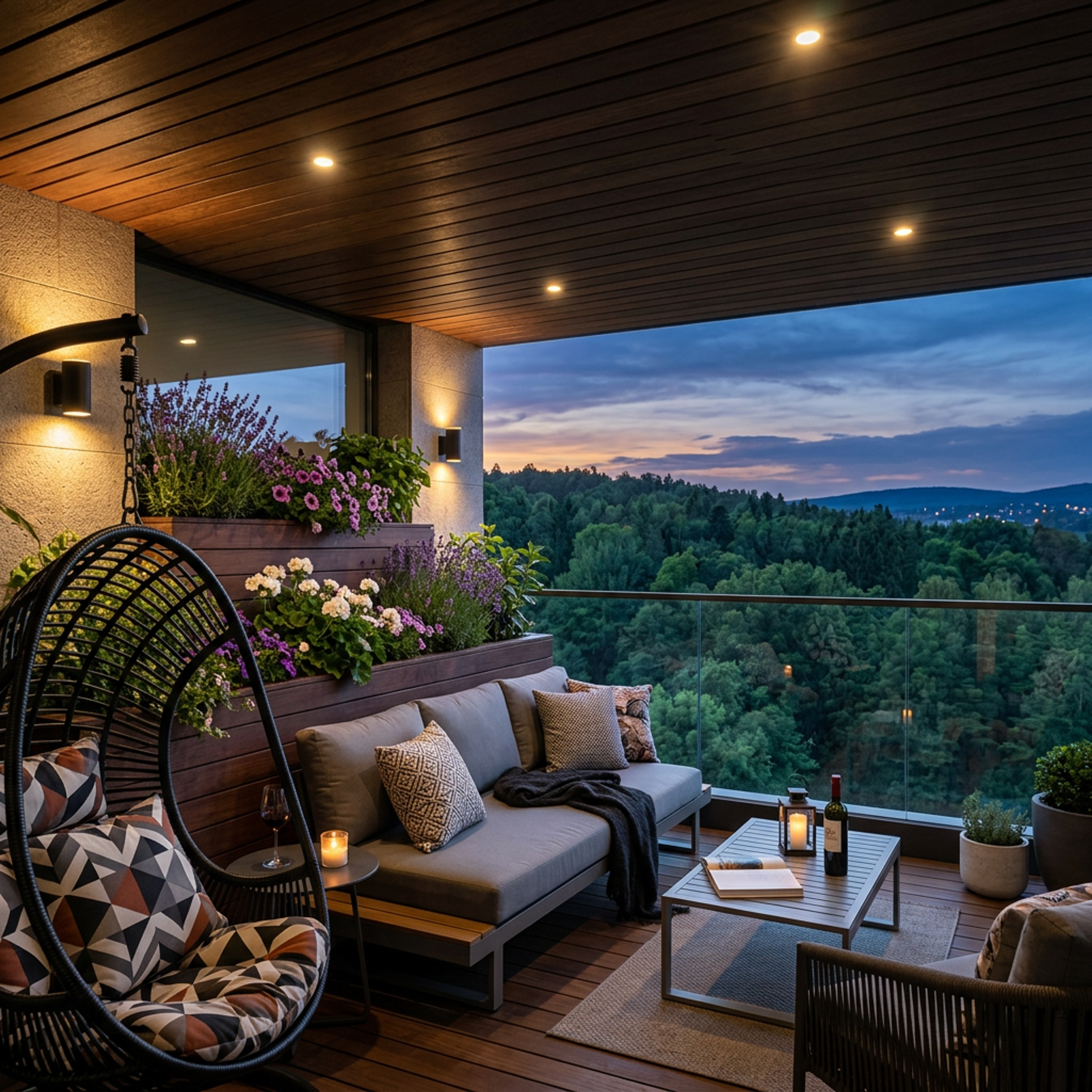 Contemporary Balcony Design with Textured Accent Wall and Hanging Swing