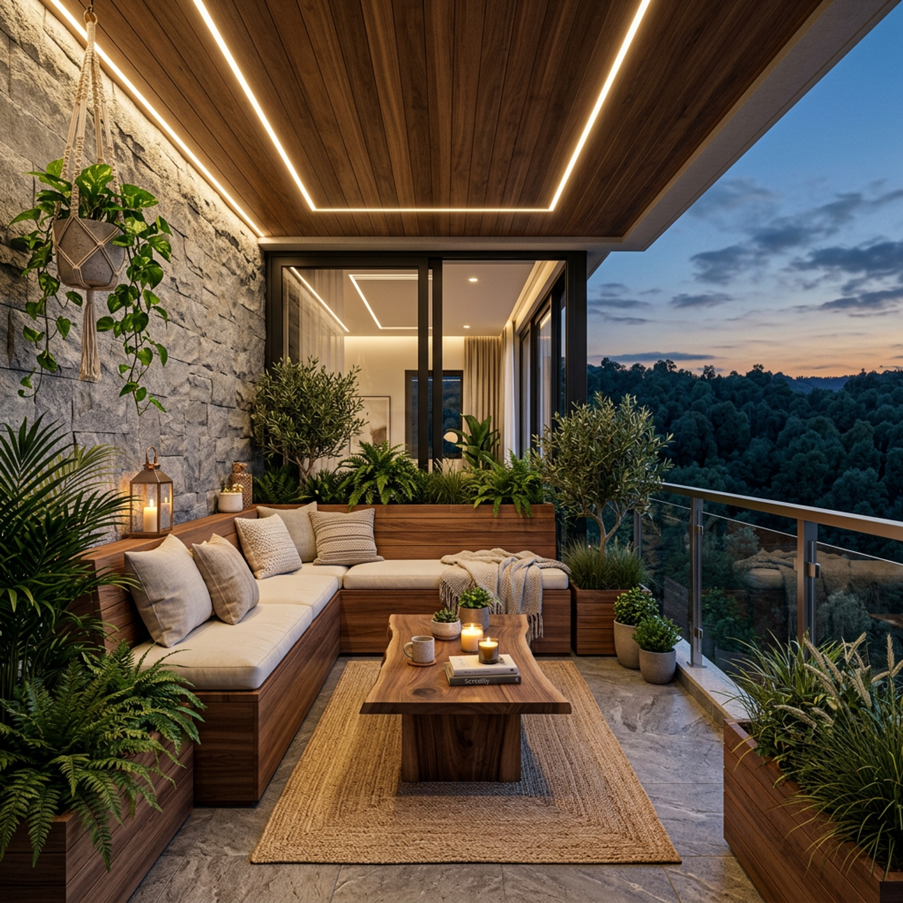 Contemporary Balcony Design with Stone Cladding and Cushioned Sectional Sofa