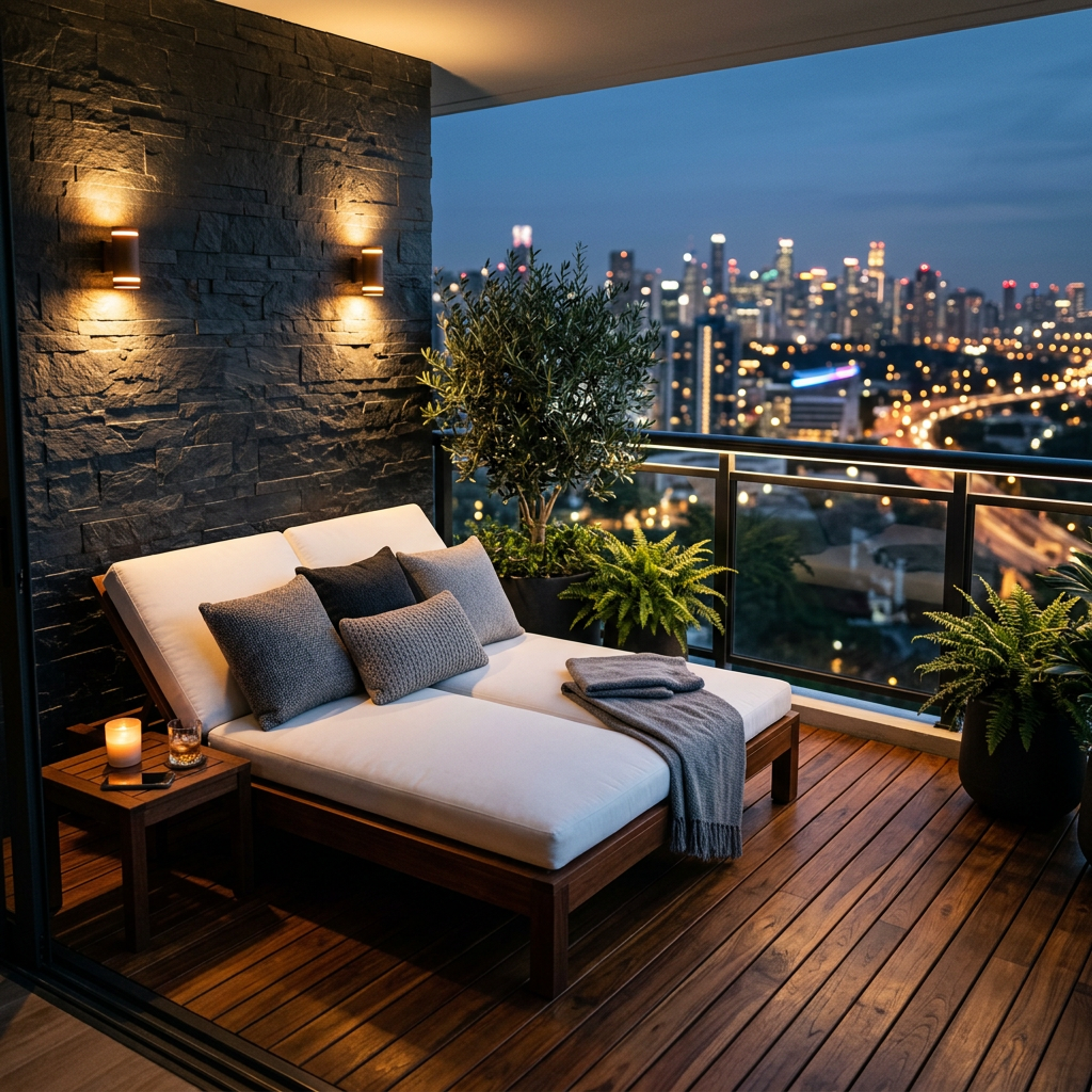Rustic Balcony Design with Dark Stone Cladding and Chaise Lounge