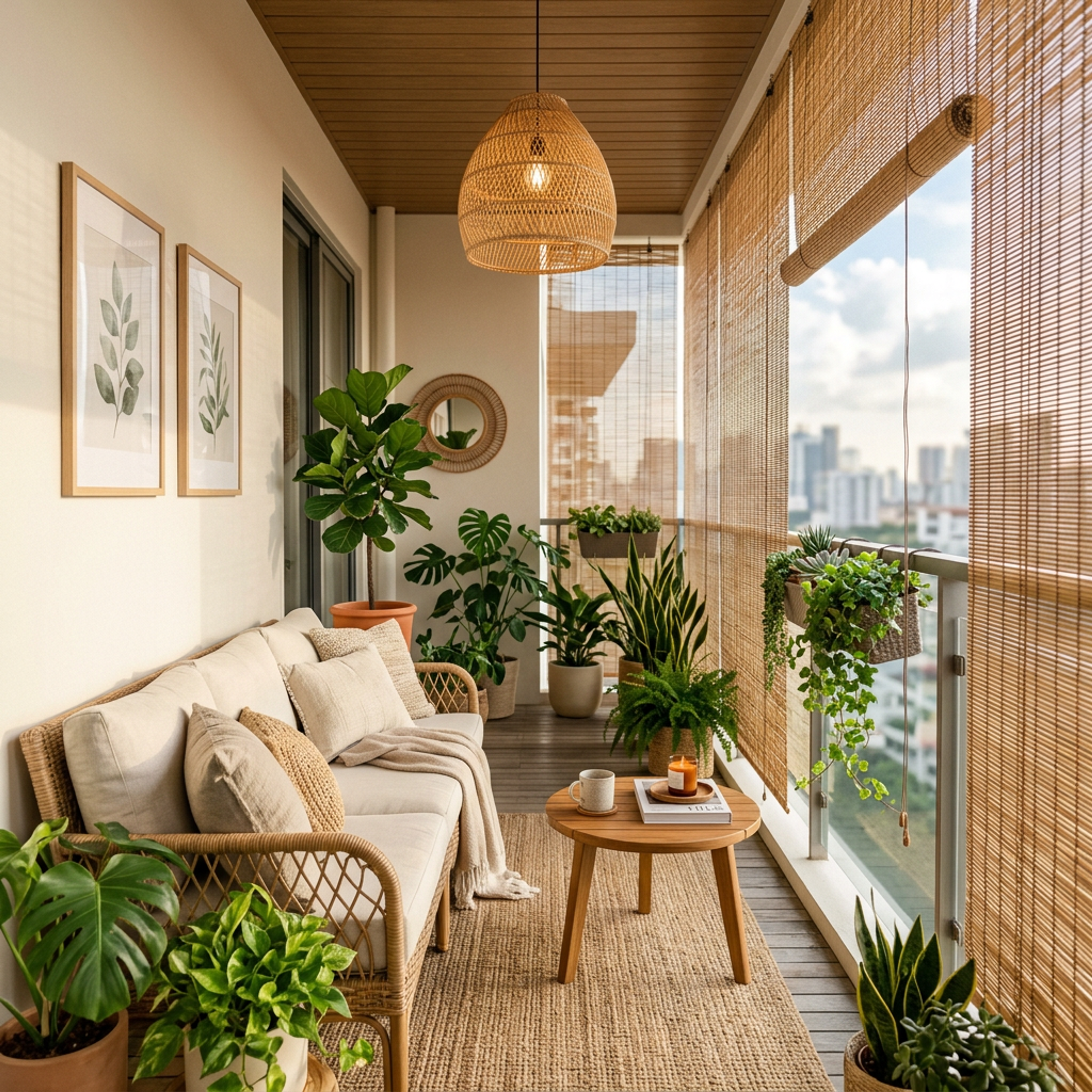Scandinavian Balcony Design with Cream Painted Wall and Warm Wood Flooring