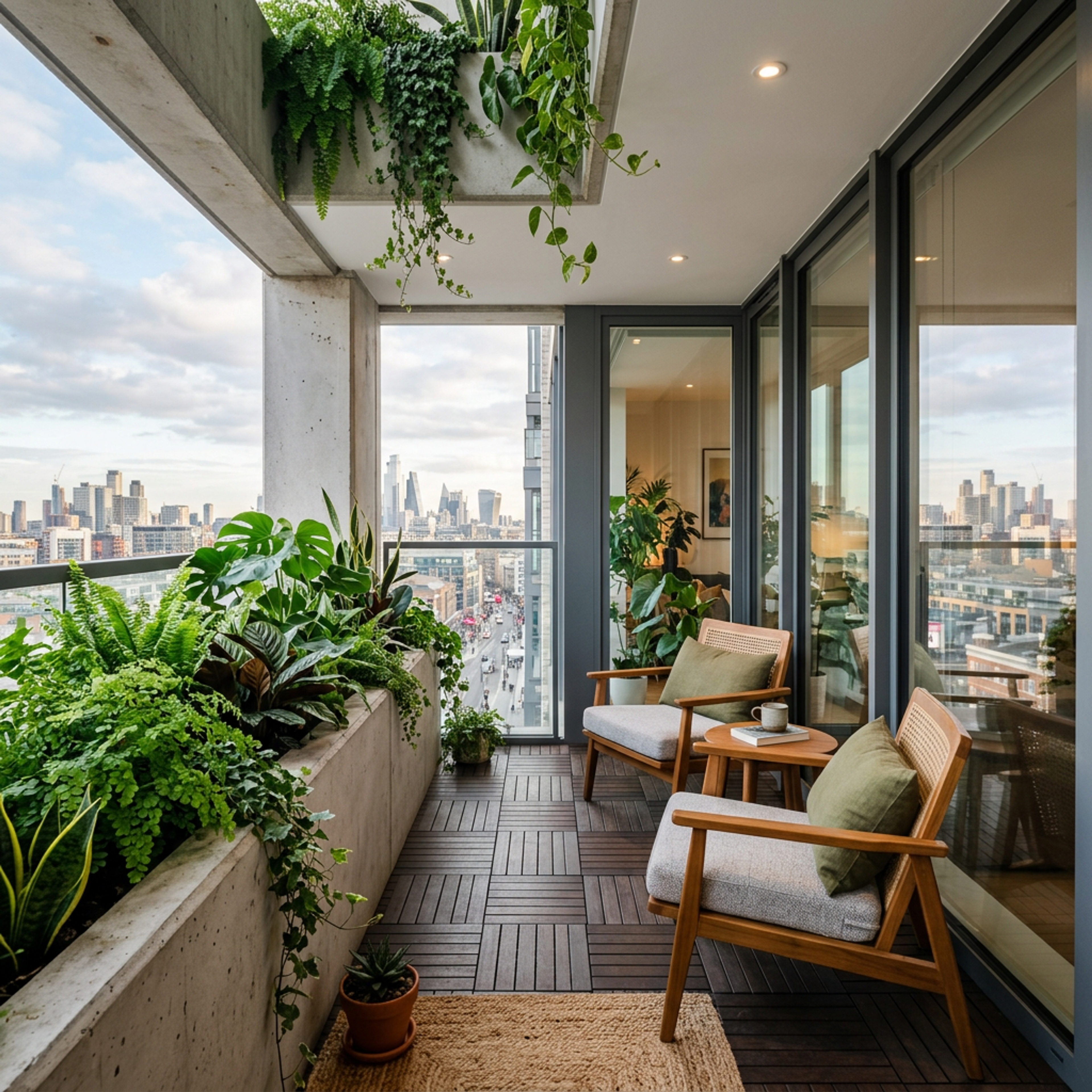 Modern Balcony Design with Concrete Exposed Wall Texture and Wicker Chairs