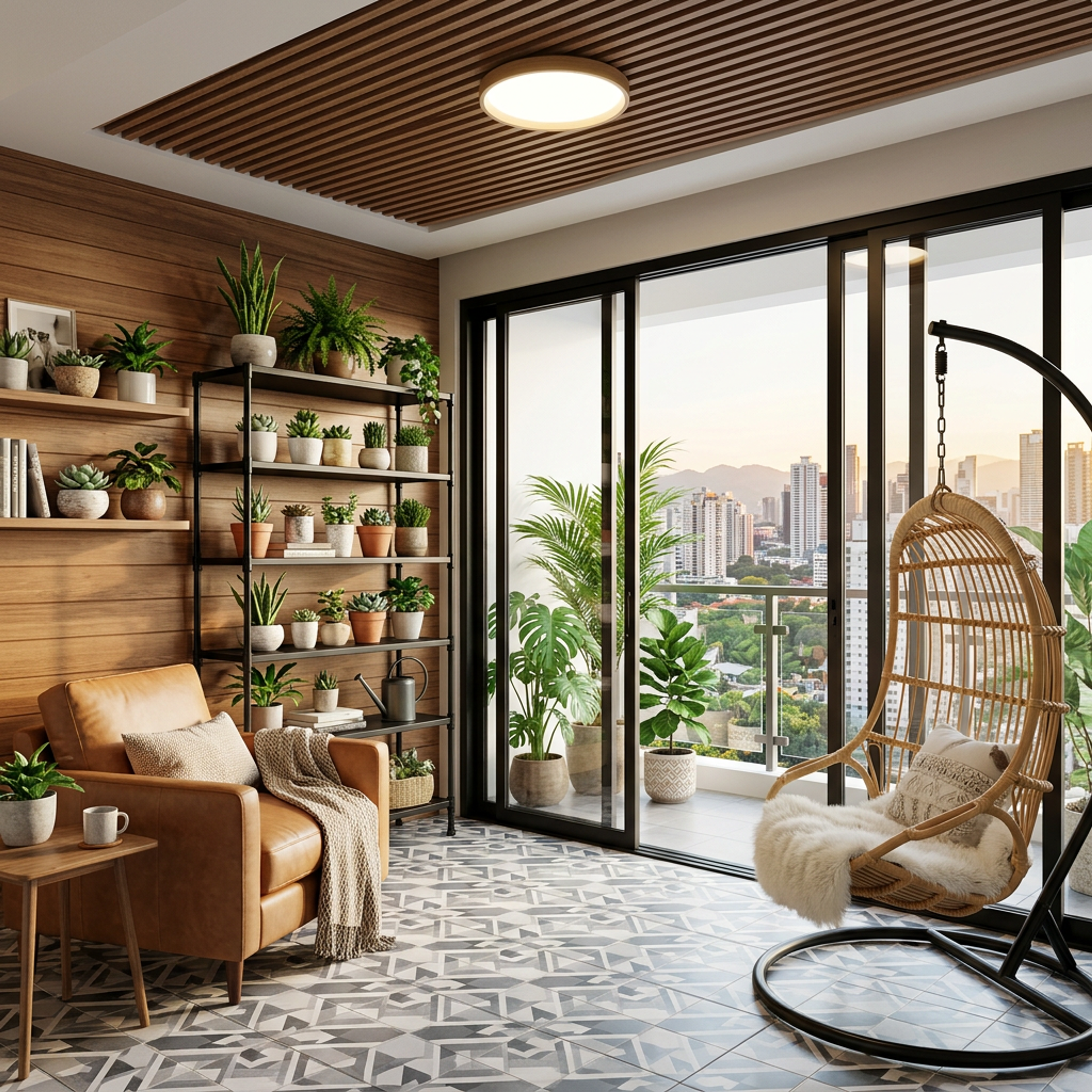 Scandinavian Balcony Design with Wooden Slat Cladding and Sliding Doors