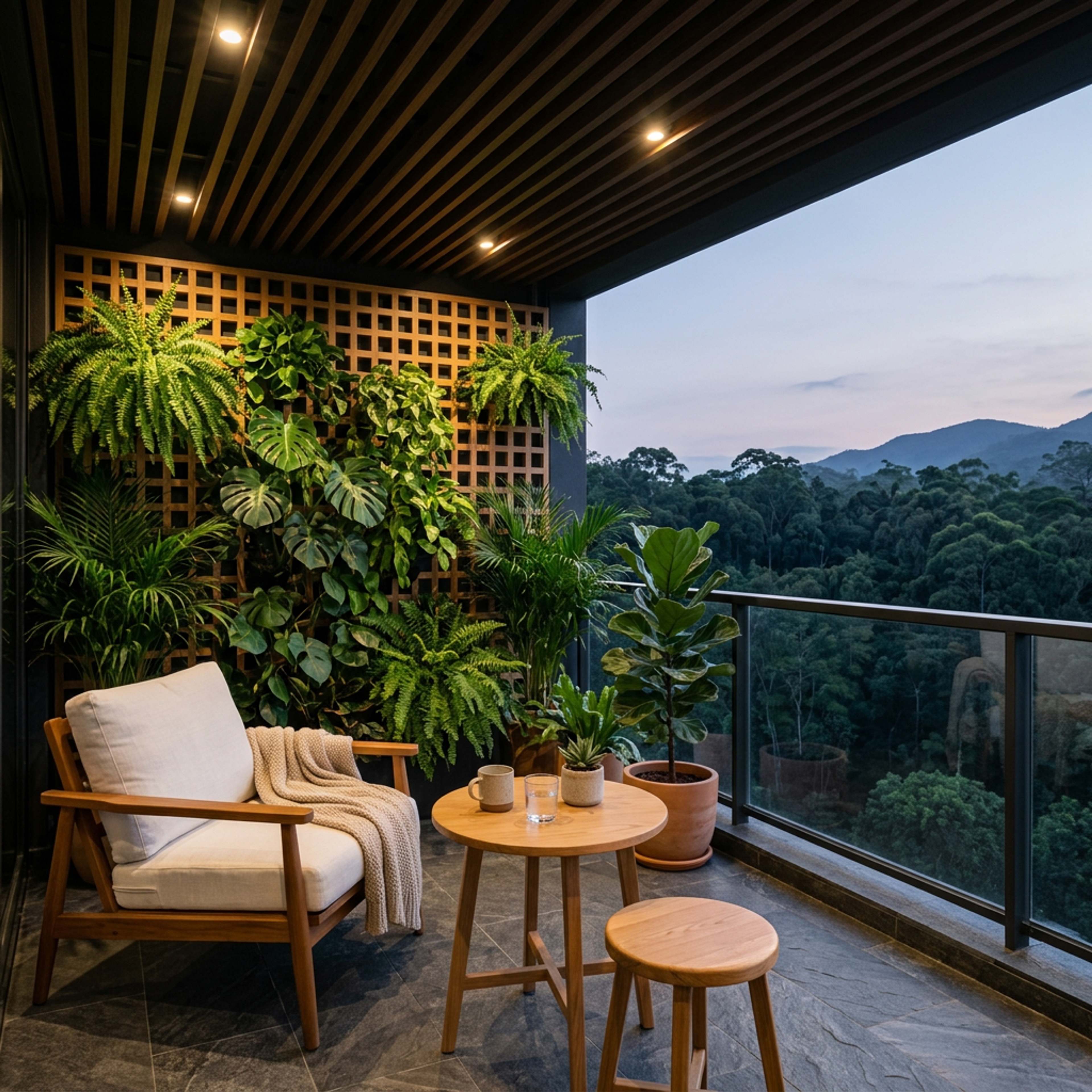 Contemporary Balcony Design with Vertical Planter Wall and Wooden Lattice