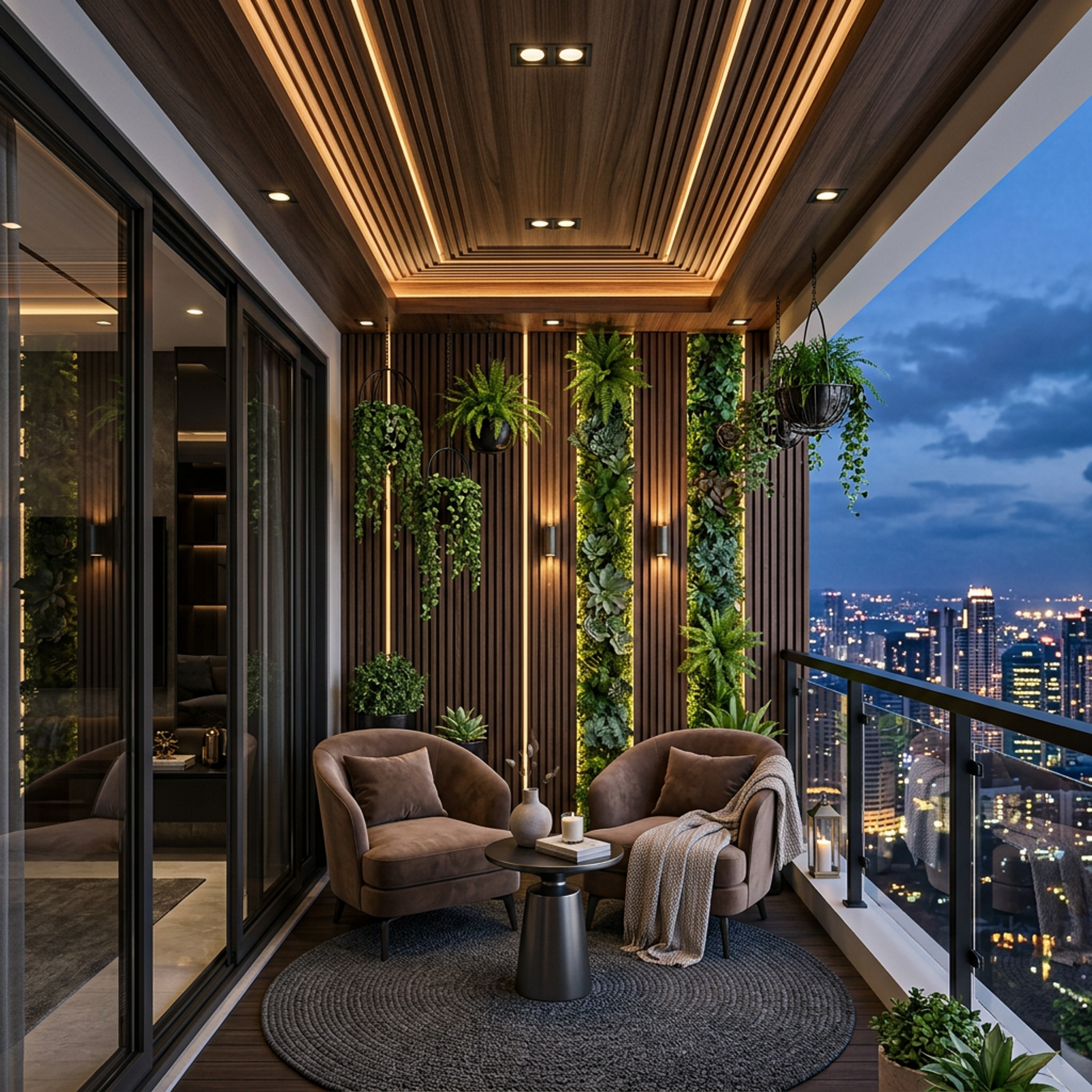 Contemporary Balcony Design with Vertical Garden and Wood Paneled Ceiling