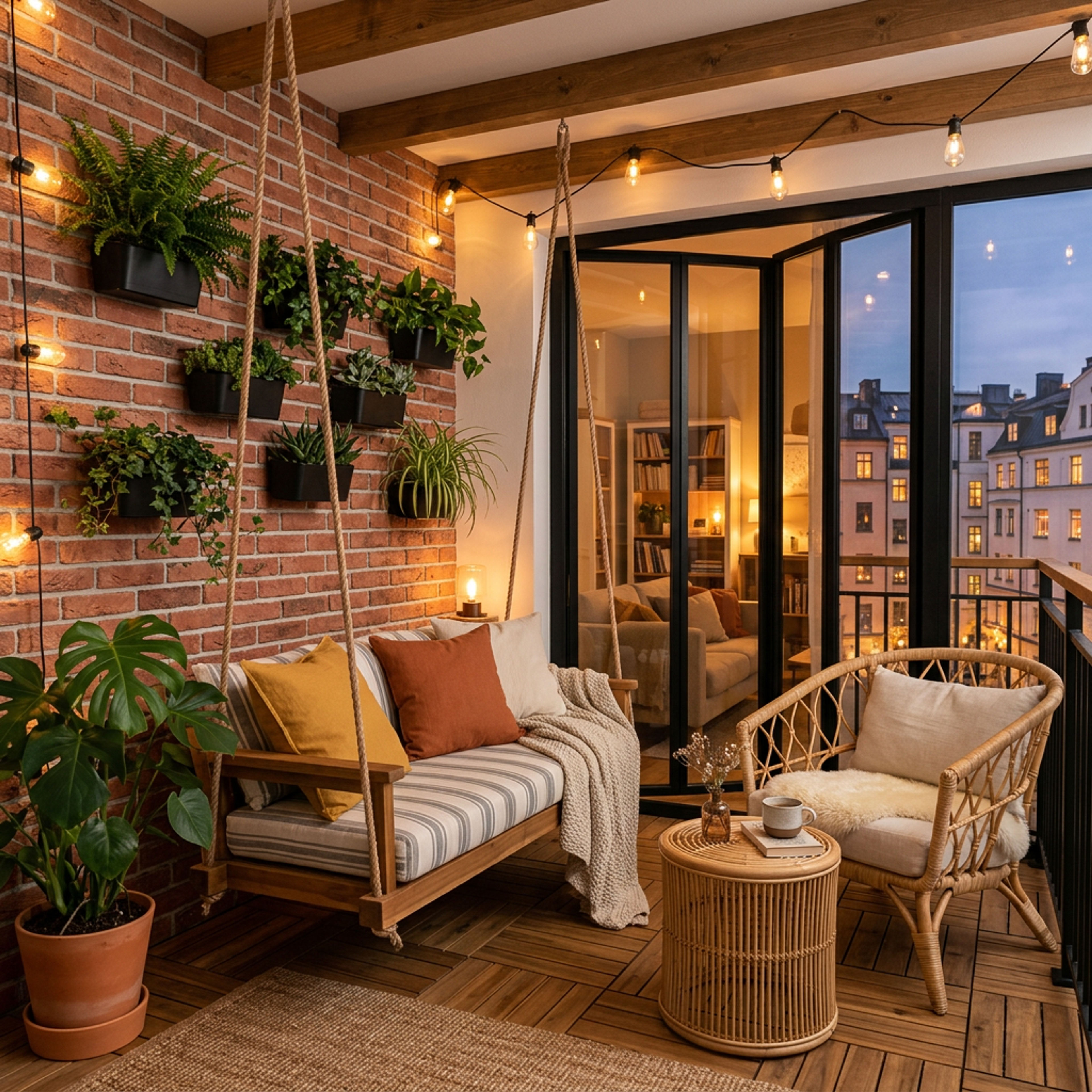 Rustic Balcony Design with Brick Stone Cladding and String Lights