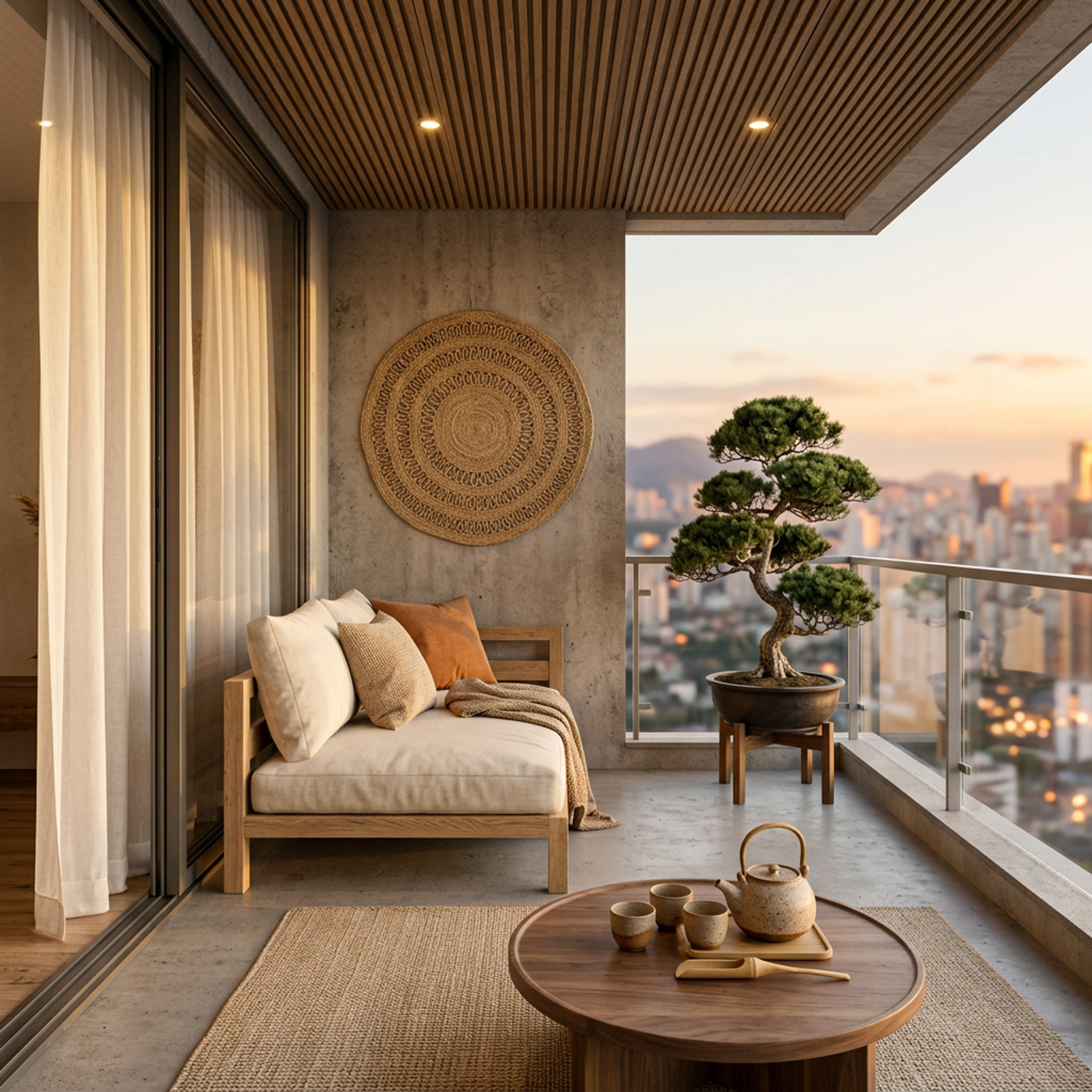 Scandinavian Balcony Design with Concrete Textured Wall and Rattan Decor