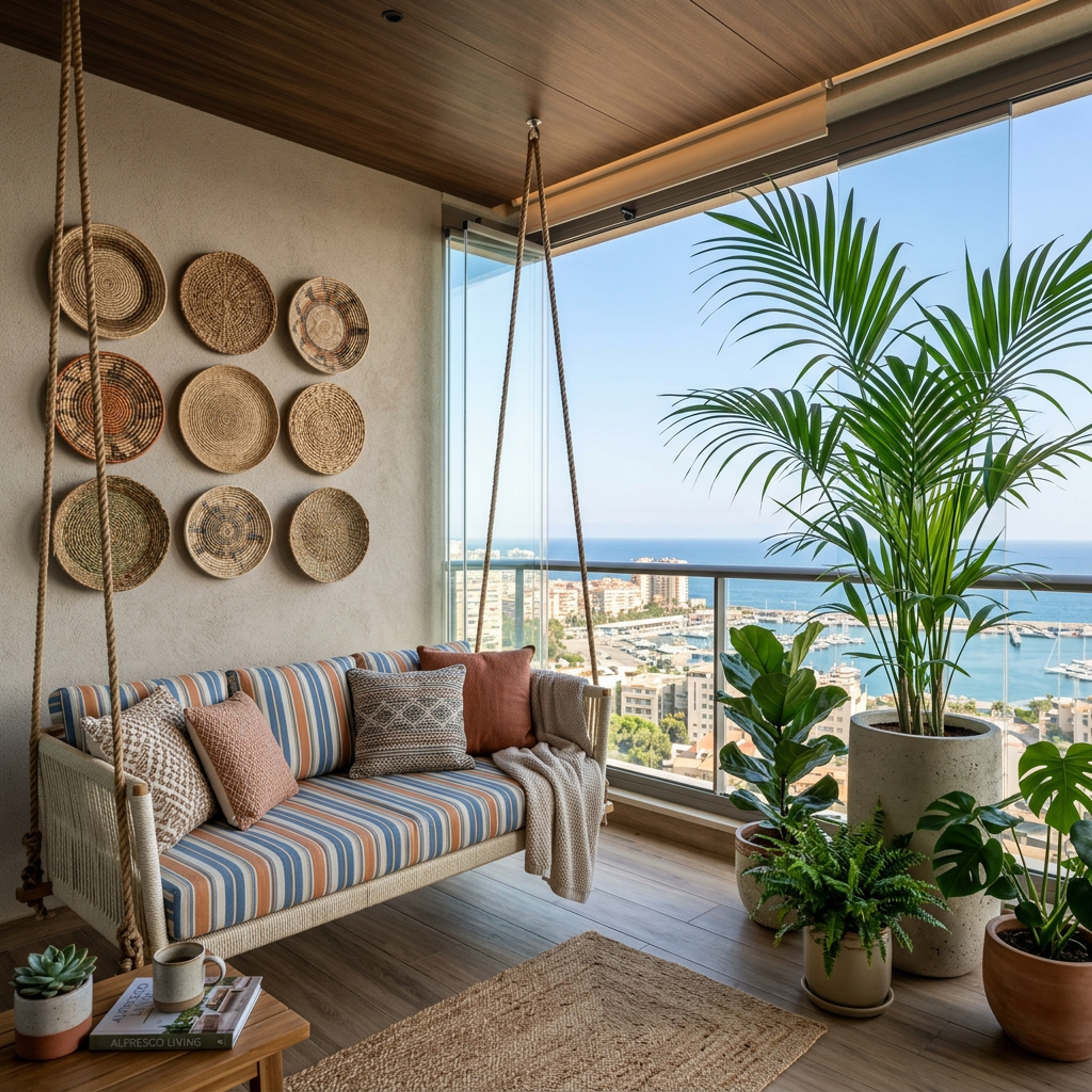 Scandinavian Balcony Design with Hanging Hammock Swing and Tropical Plants