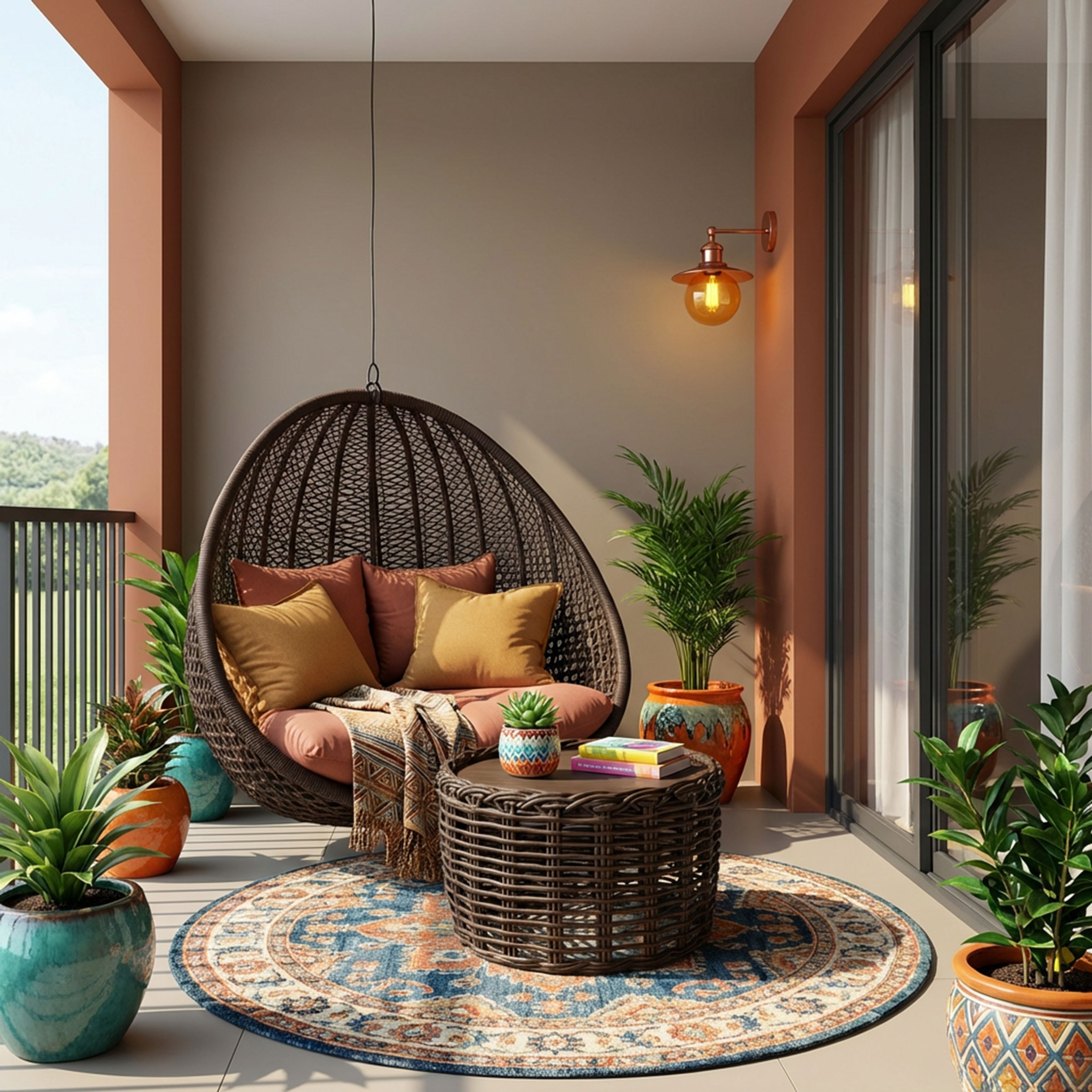 Bohemian Balcony Design with Wicker Chair and Peach and Beige Walls