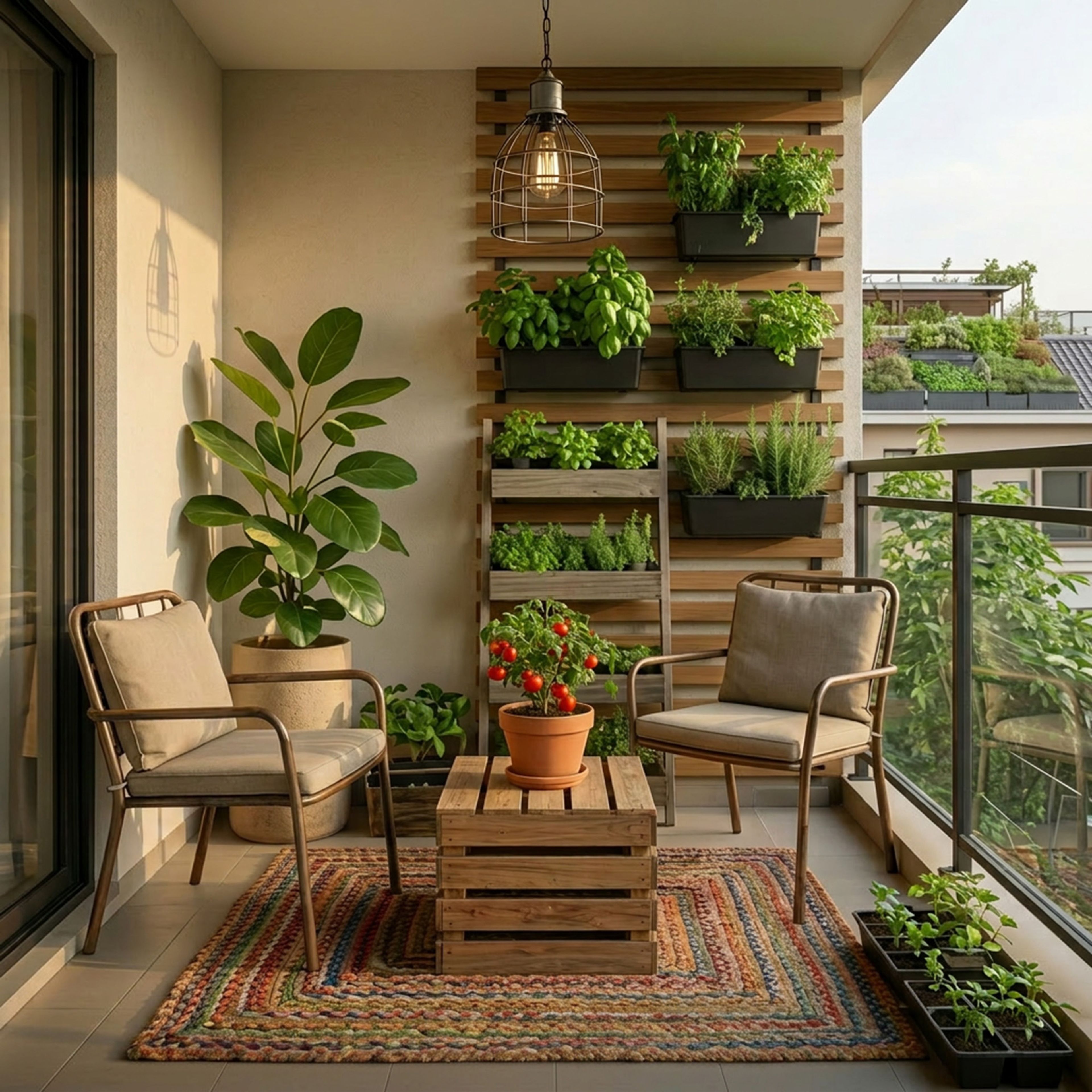 Modern Balcony Design with Vertical Wooden Slat Garden Wall and Planters Boxes