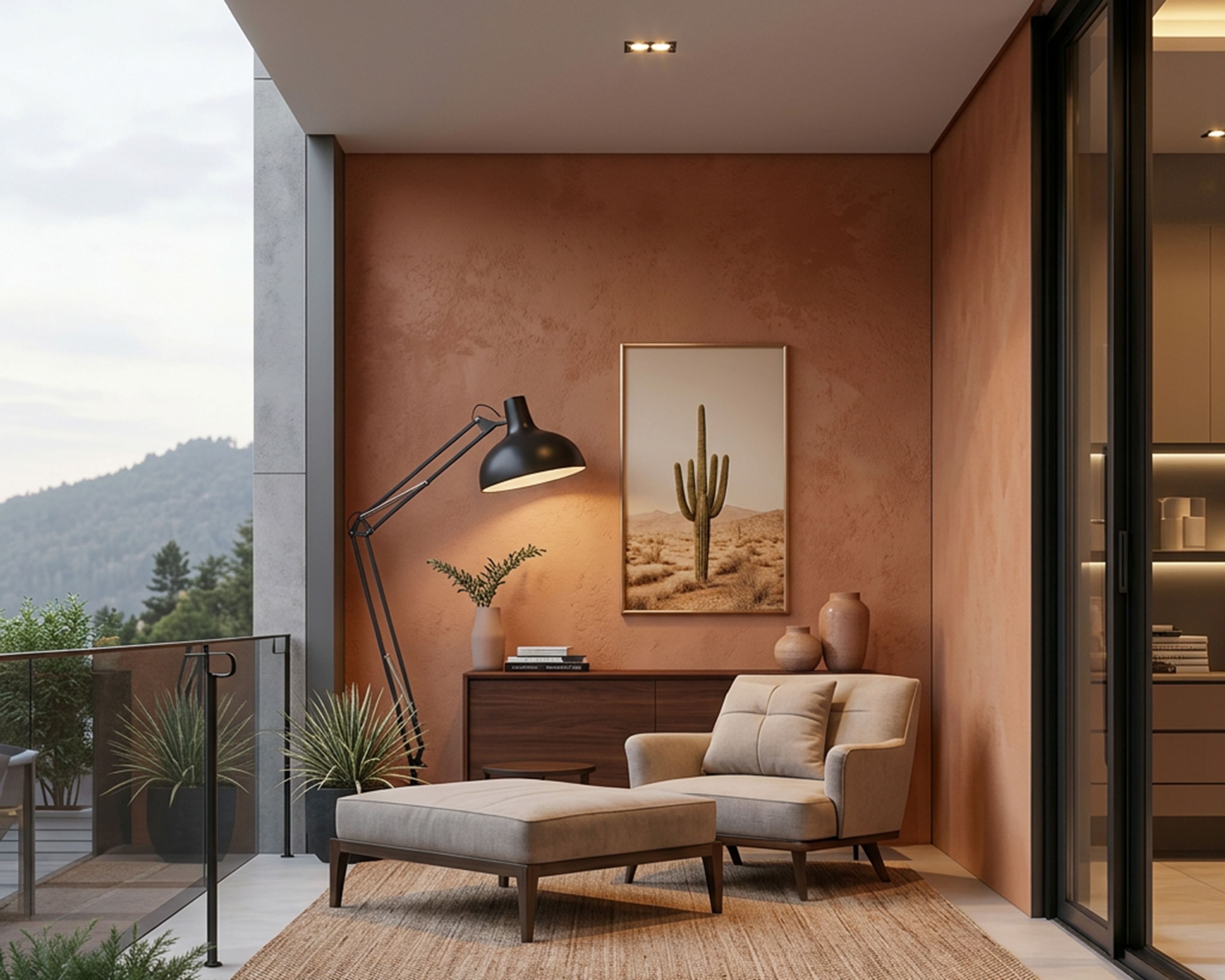 Modern Balcony Design with Warm Terracotta Textured Accent Wall