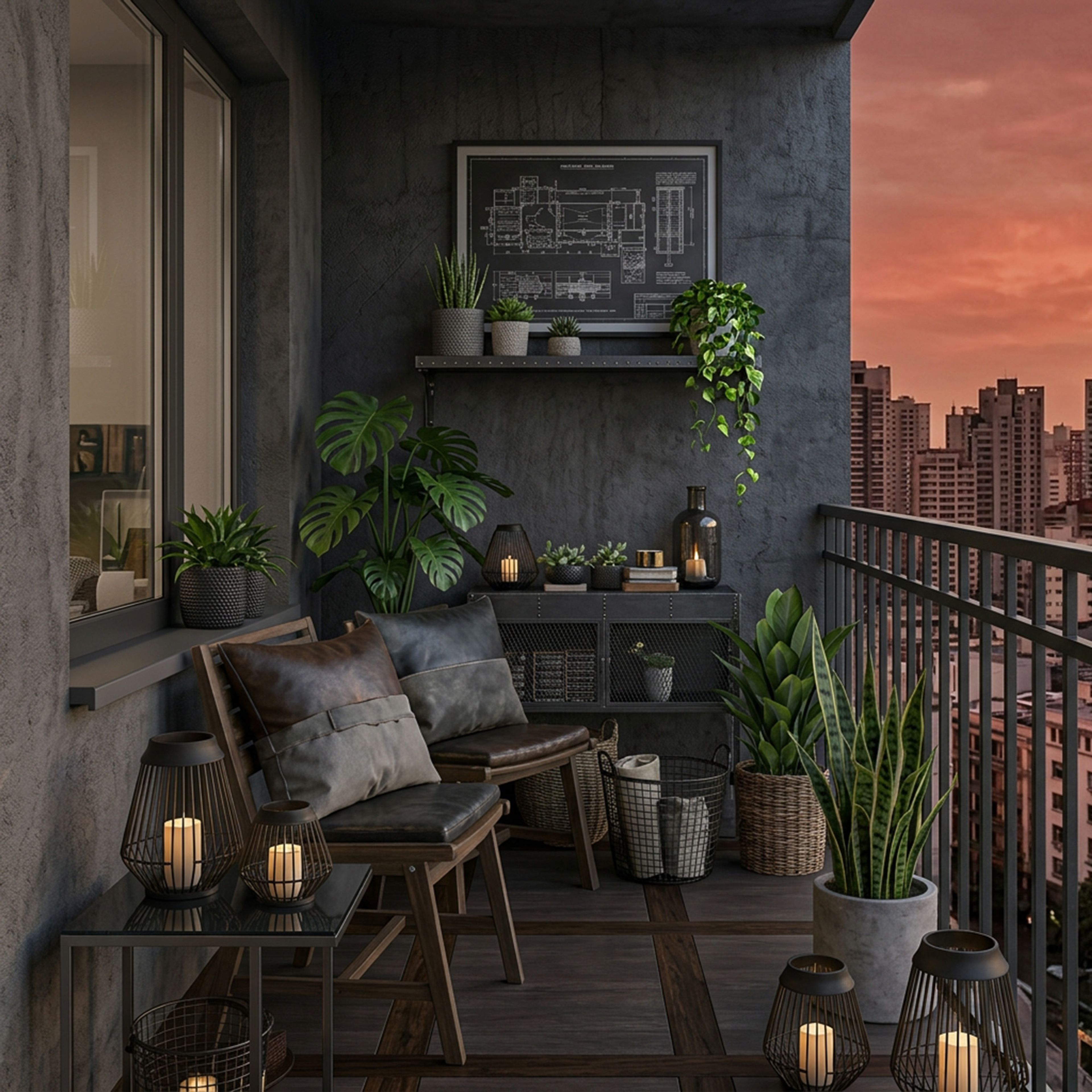 Industrial Balcony Design with Dark Textured Wall and Floating Shelf
