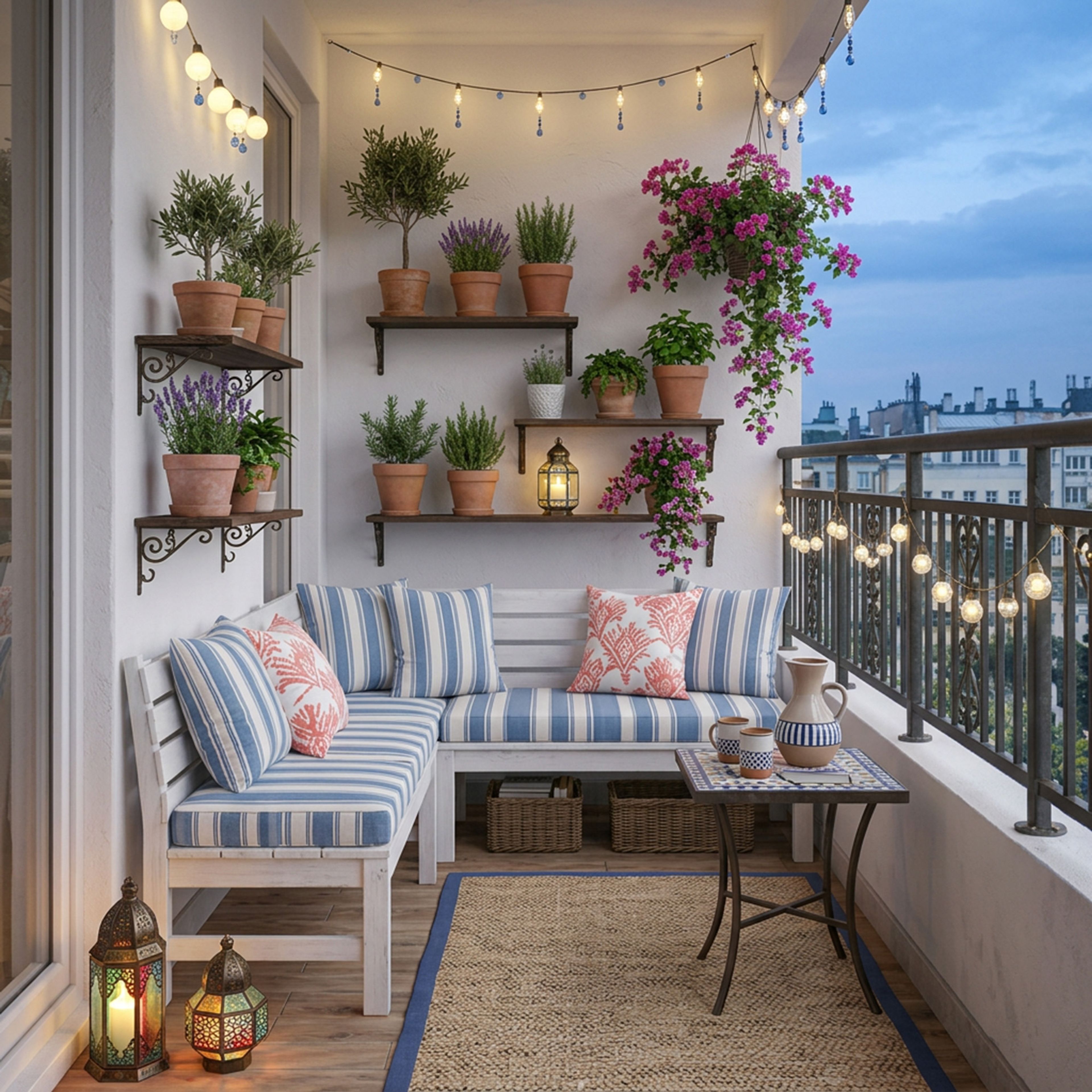 Mediterranean Balcony Design with Floating Shelves and Terracotta Pots