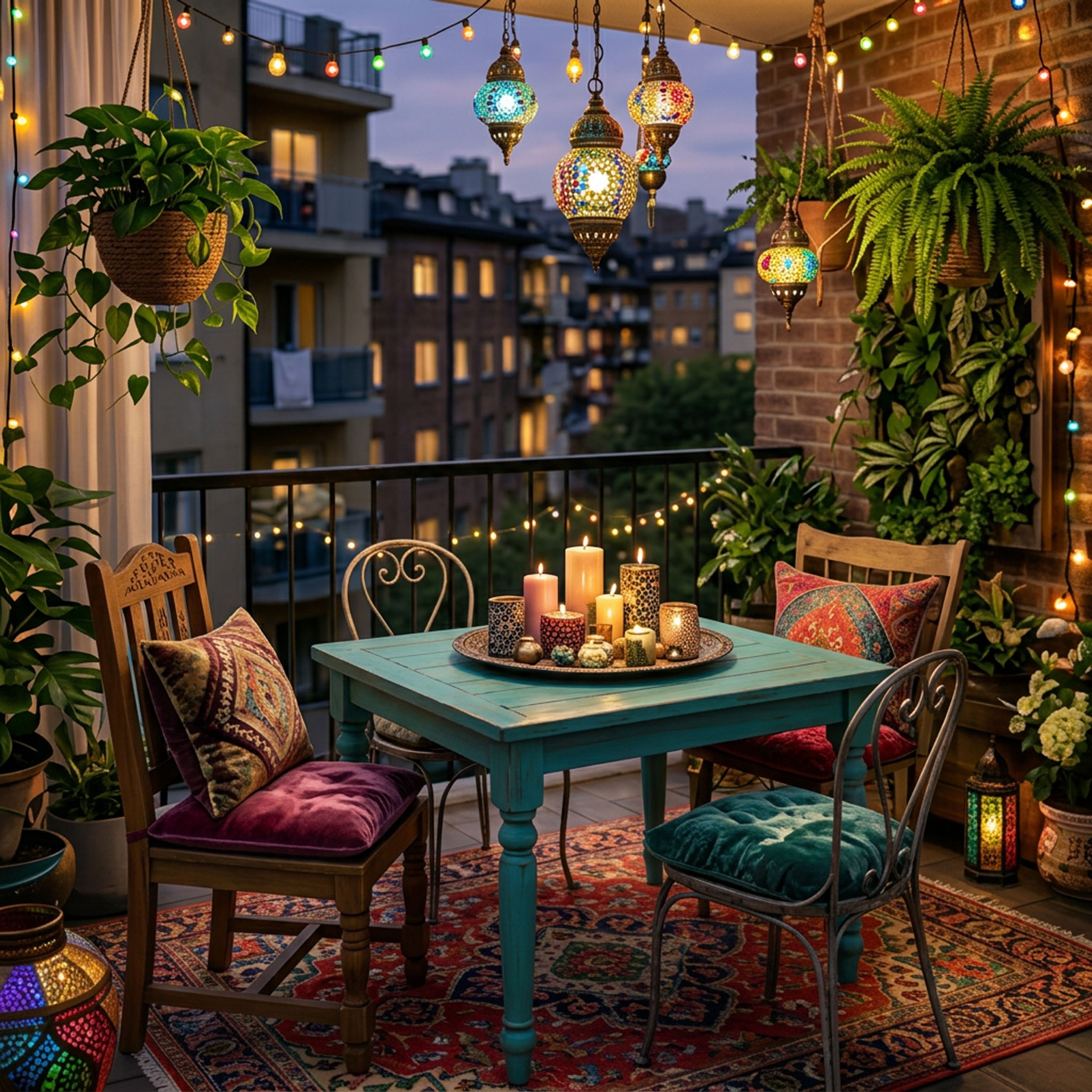 Boho Balcony Design with Brick Accent Wall and Hanging Mosaics