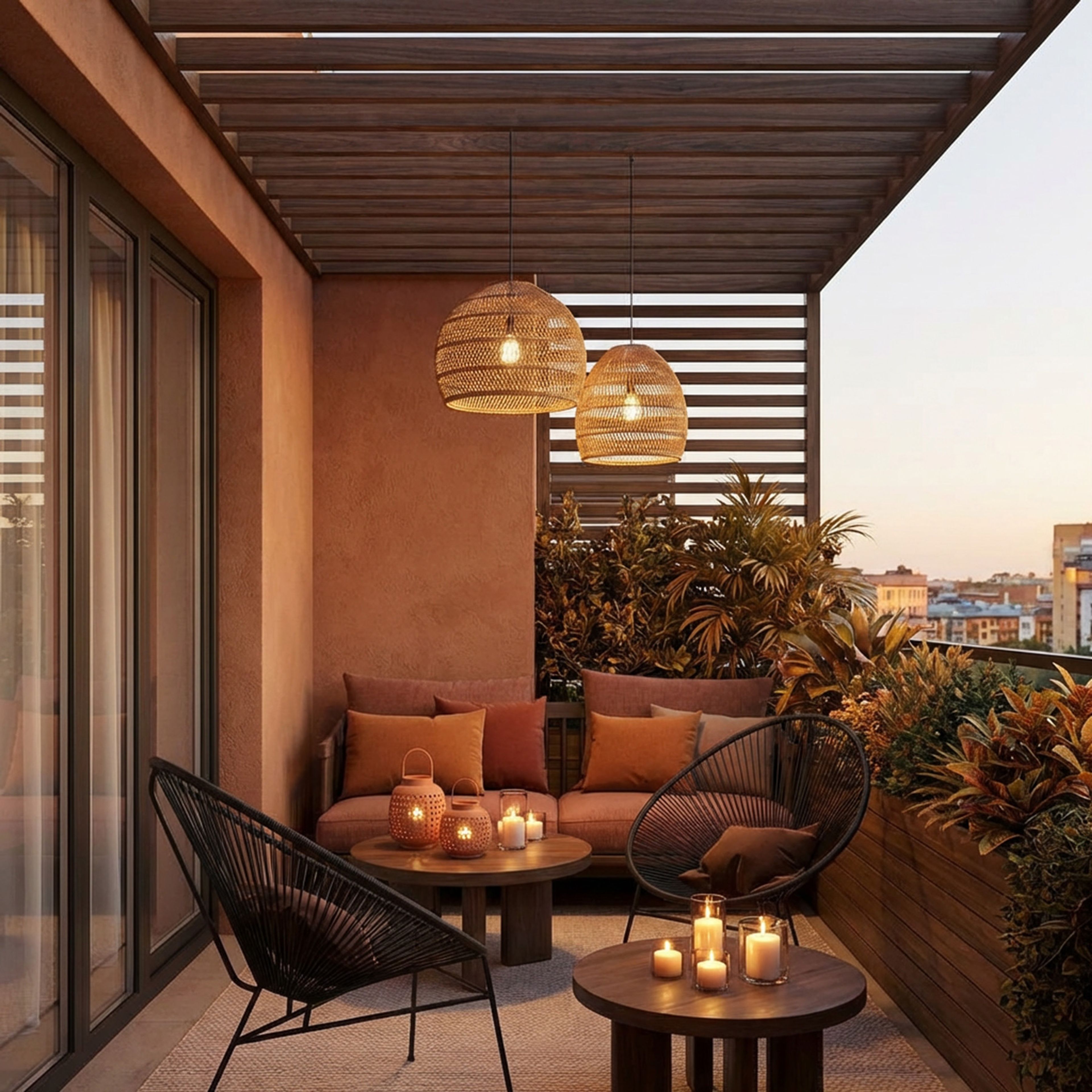 Mediterranean Balcony Design with Terracotta Walls and Pergola Lighting