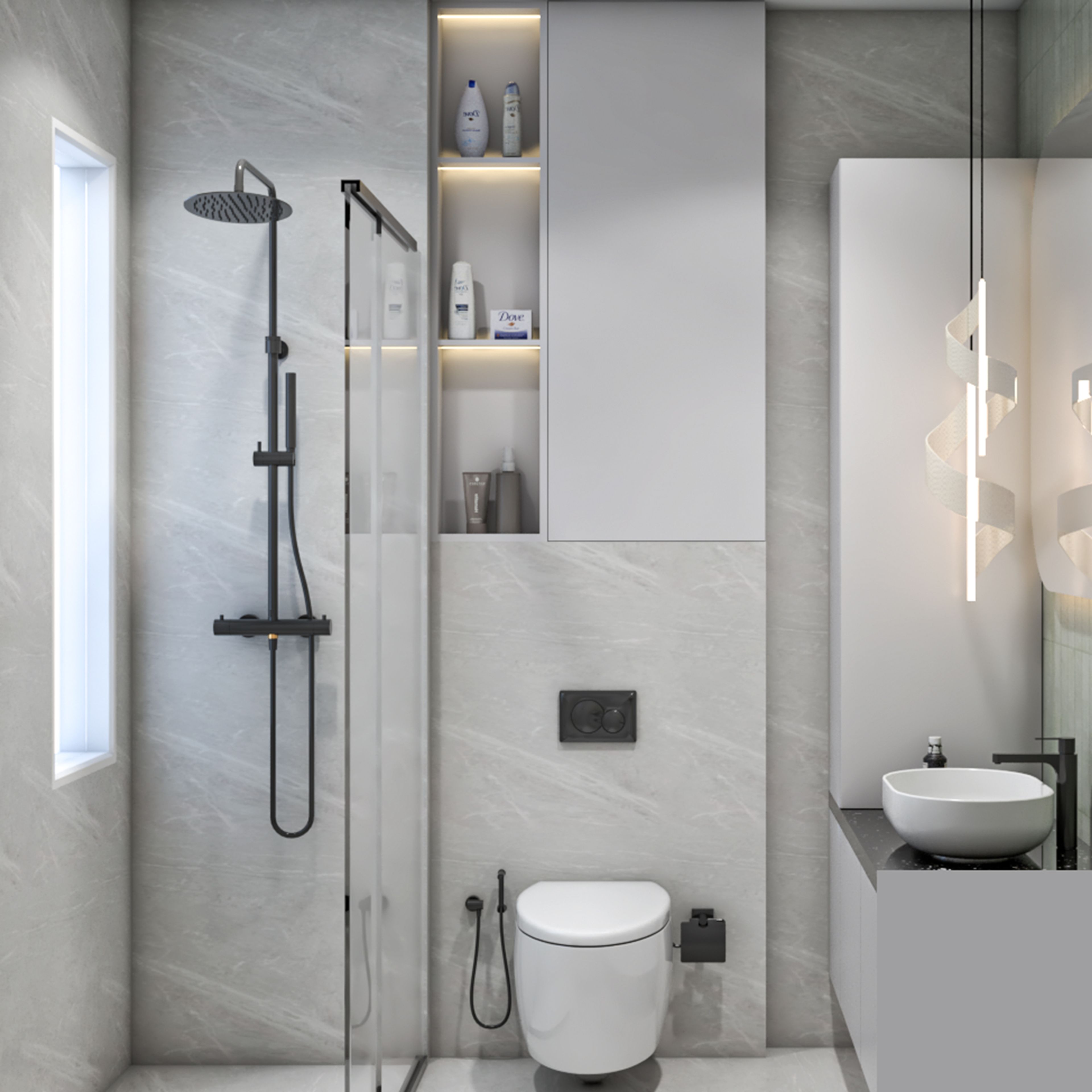Modern Bathroom Design with Grey Marble Tiles and Glass Enclosure