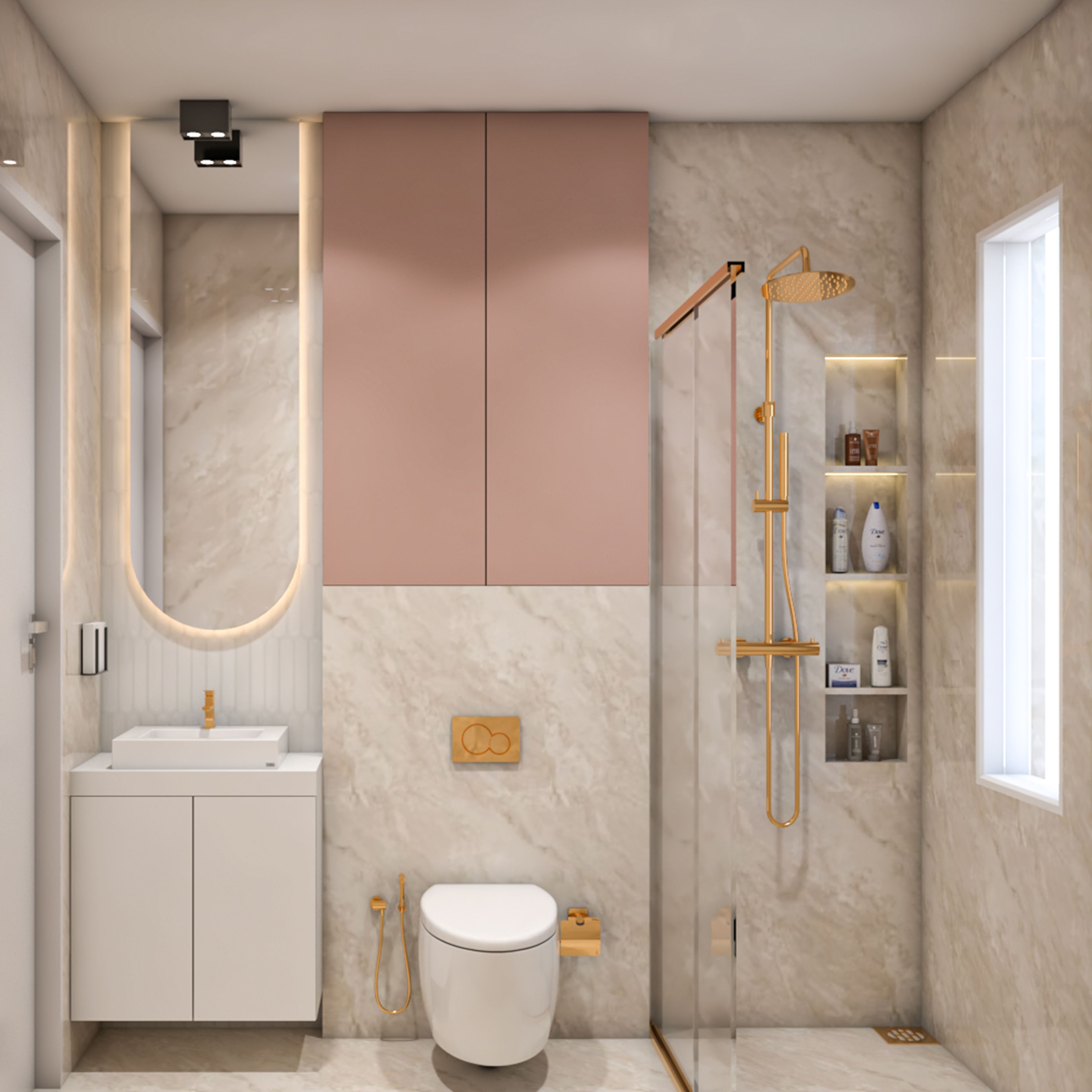 Modern Cream Marble Bathroom Design with Arch Niche and Marble Finish