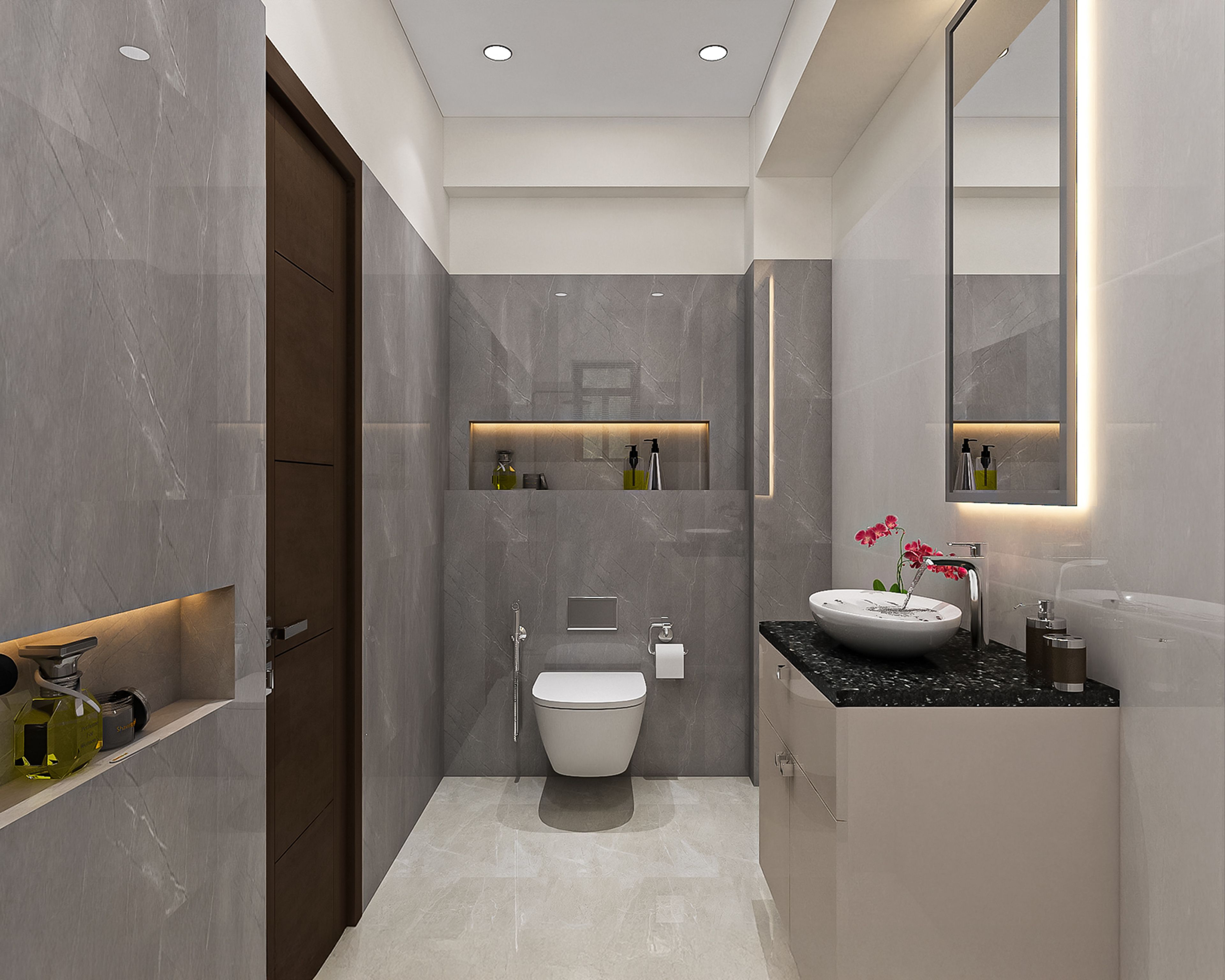 Modern Bathroom Design with White and Grey Marble Tiles and Glass Enclosure