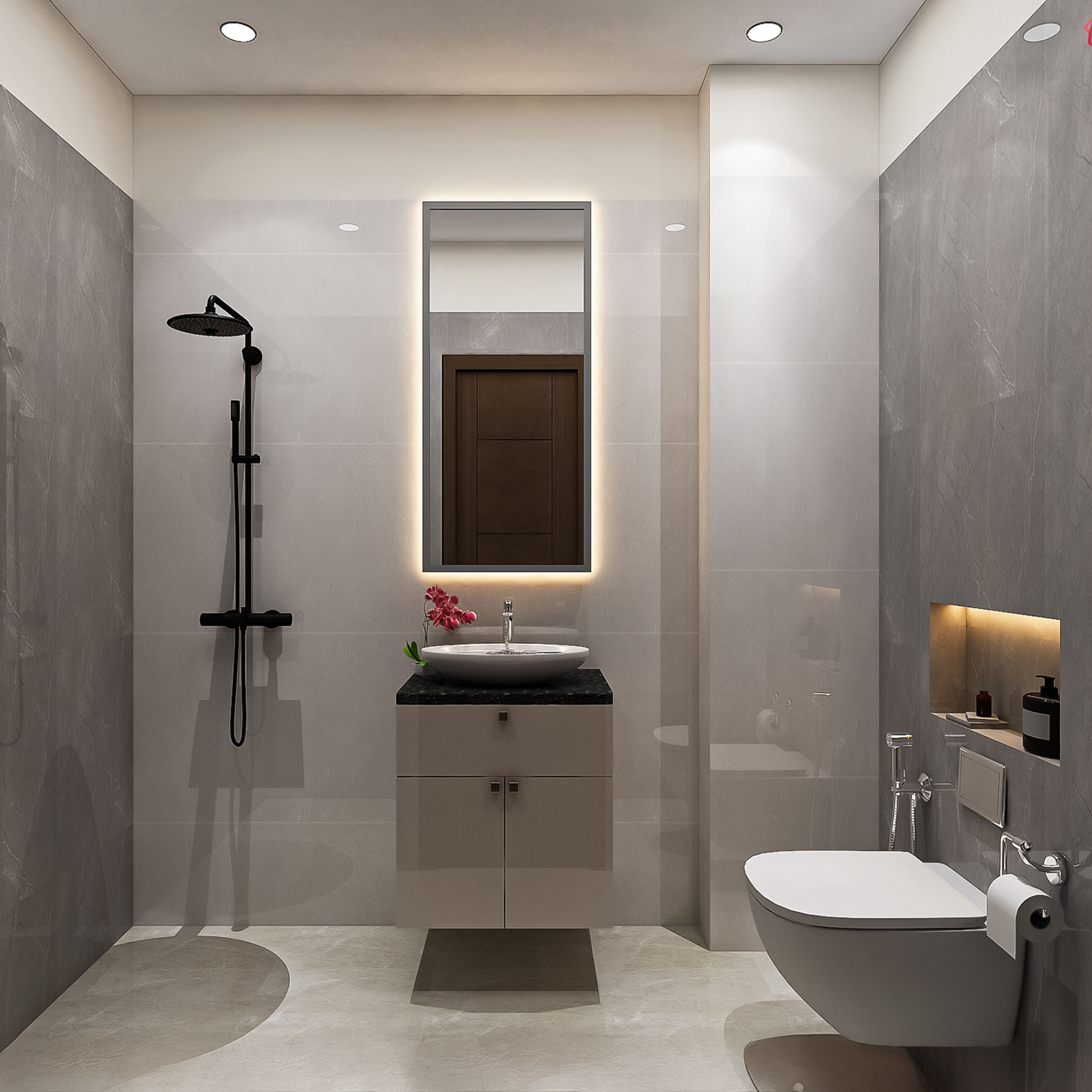White and Grey Transitional Bathroom Design with Backlit Mirror and Storage Unit
