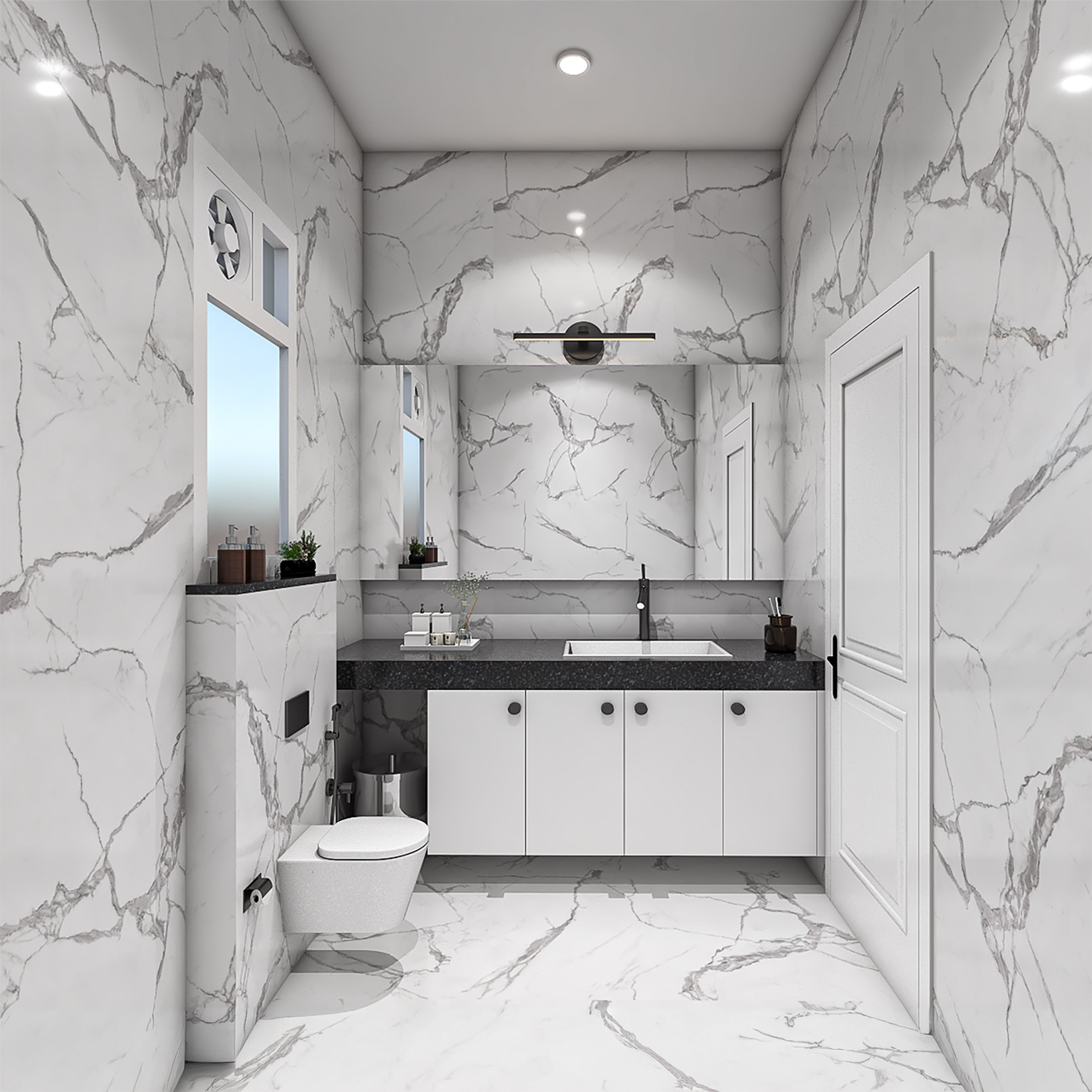 Modern Bathroom Design with Beige Marble and Storage Vanity