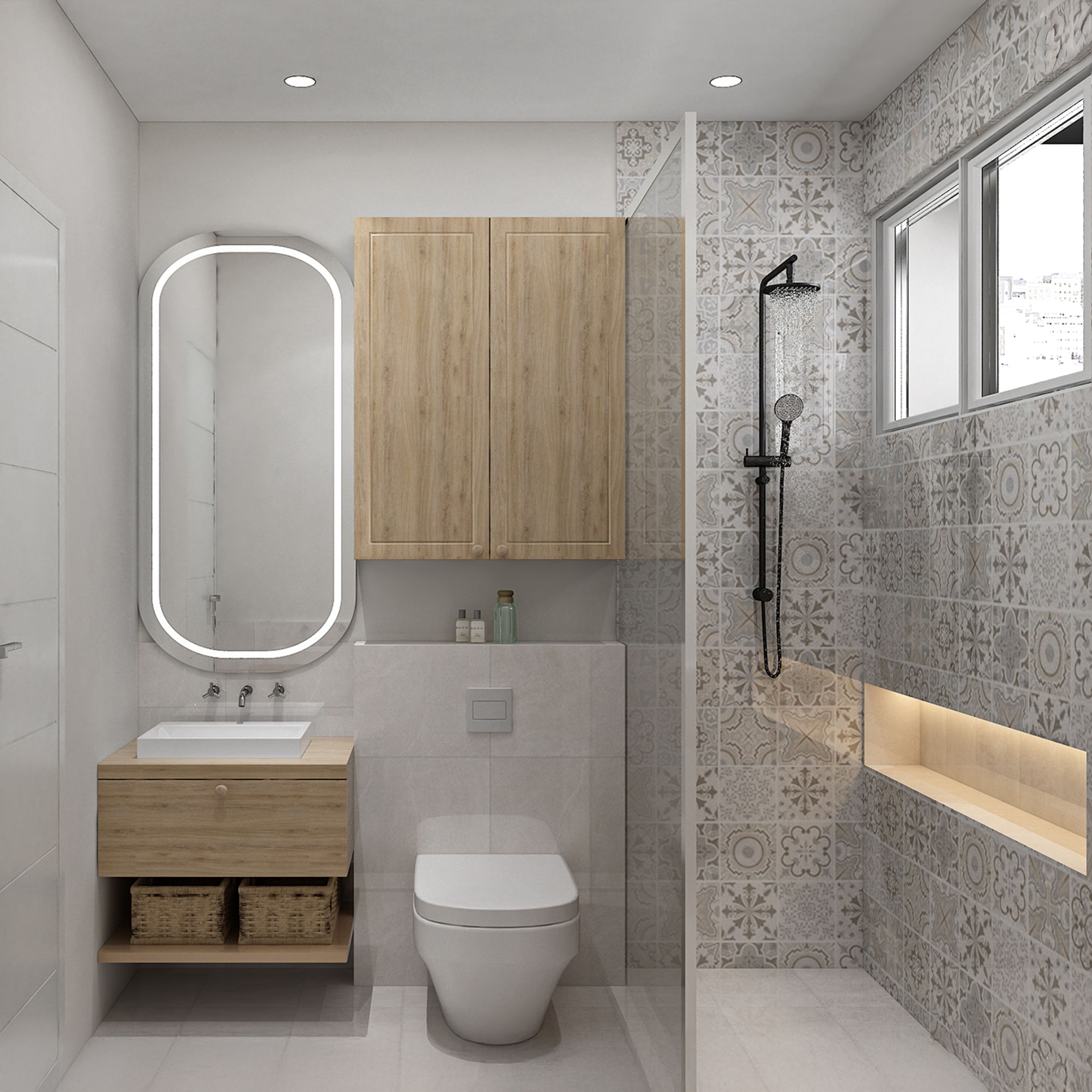 Scandinavian Bathroom Design with Oval Mirror and Storage Unit