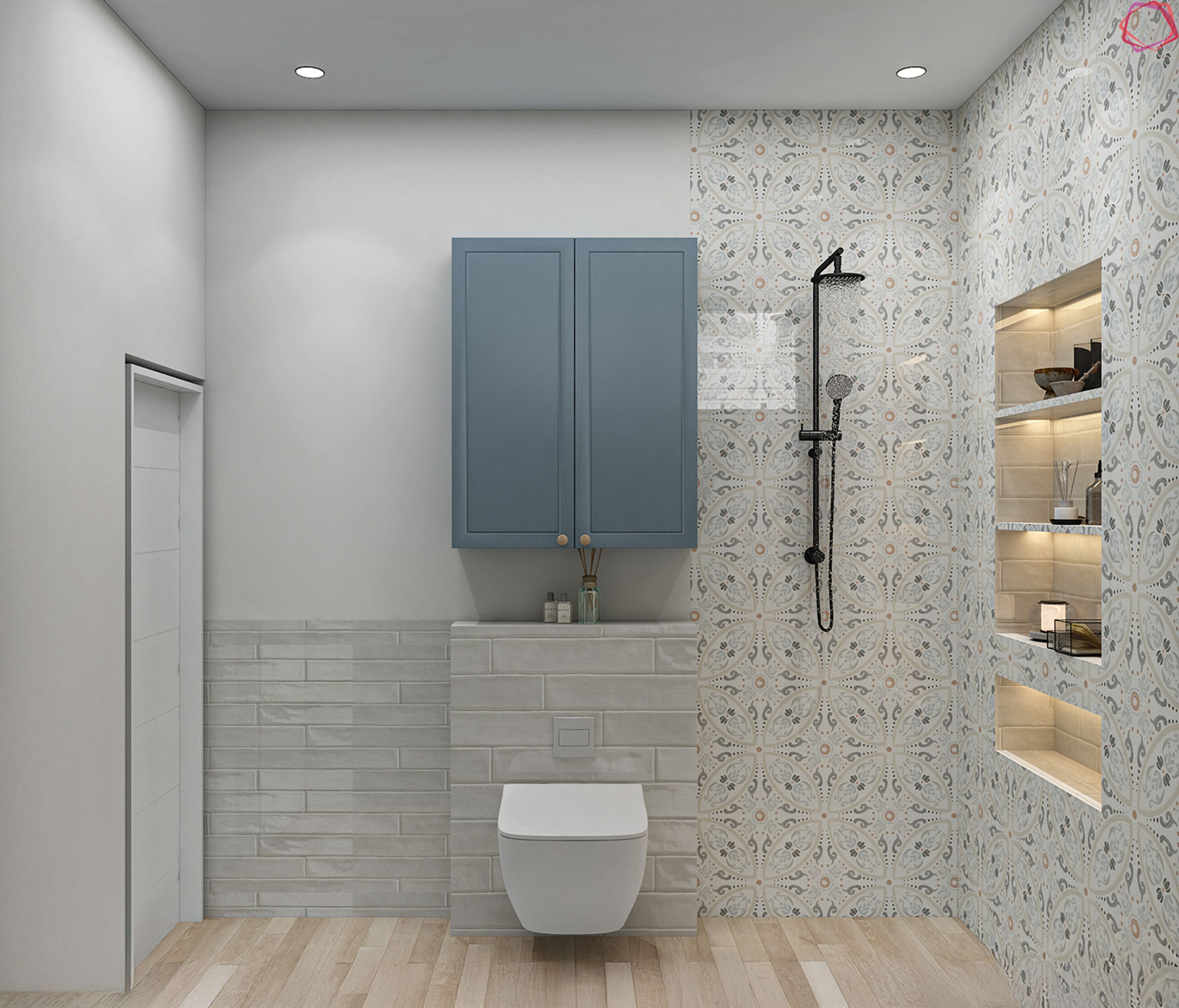 Modern Eclectic Bathroom Design with Pattern Tiles and Vanity Storage