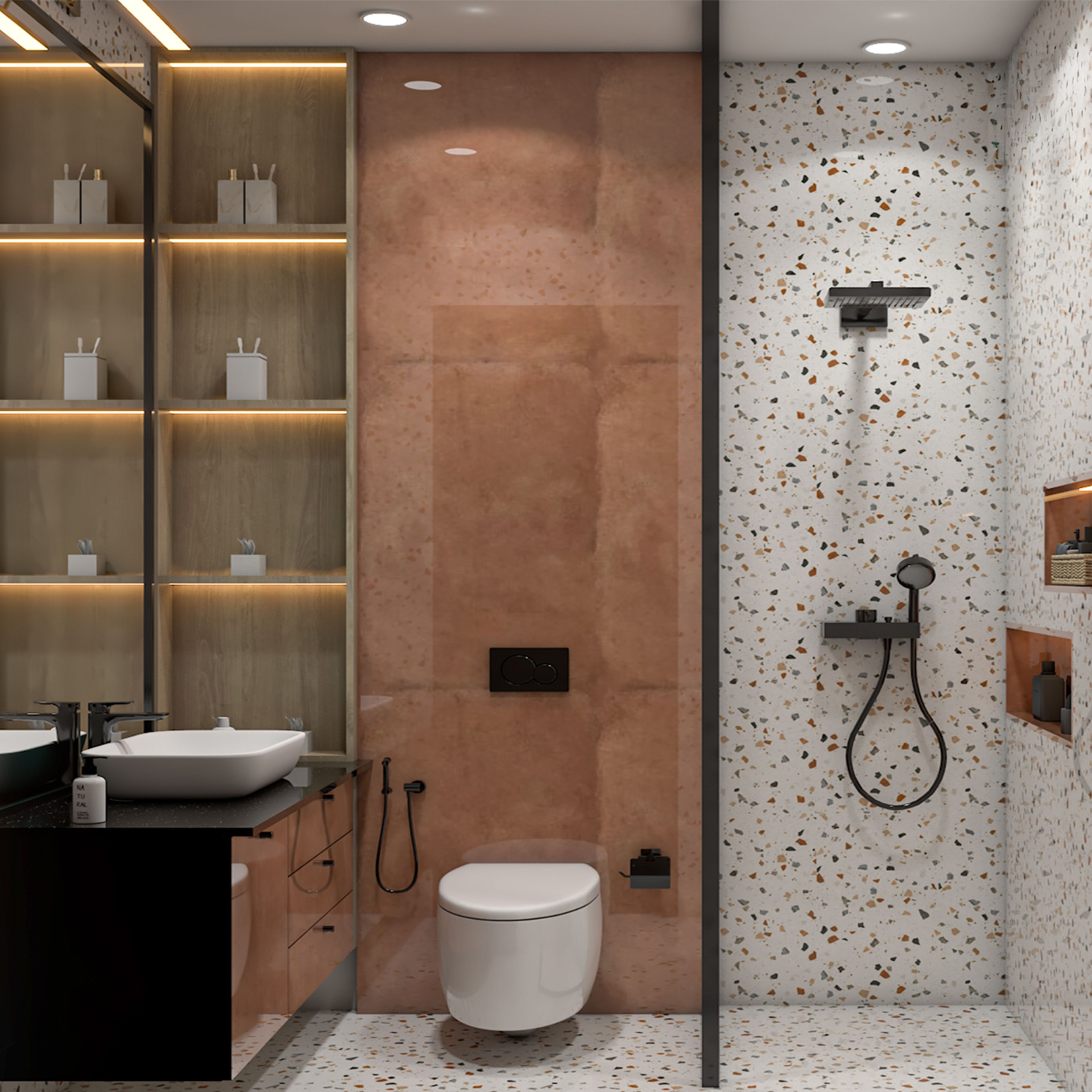 Contemporary Bathroom Design with Warm Terracotta and Terrazzo Tiles