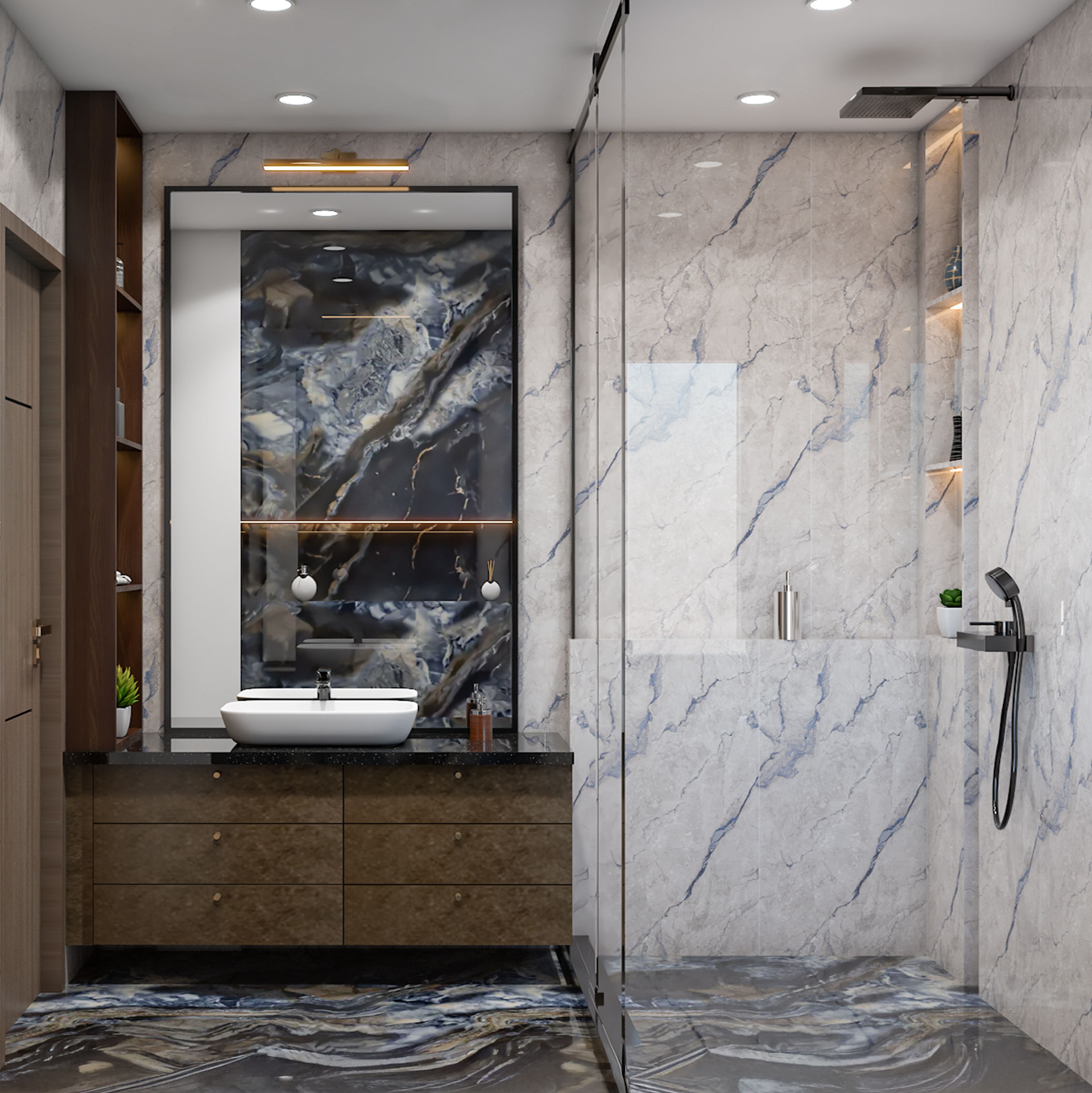 Contemporary Bathroom Design with Blue Black Marble Tiles and Wooden Vanity