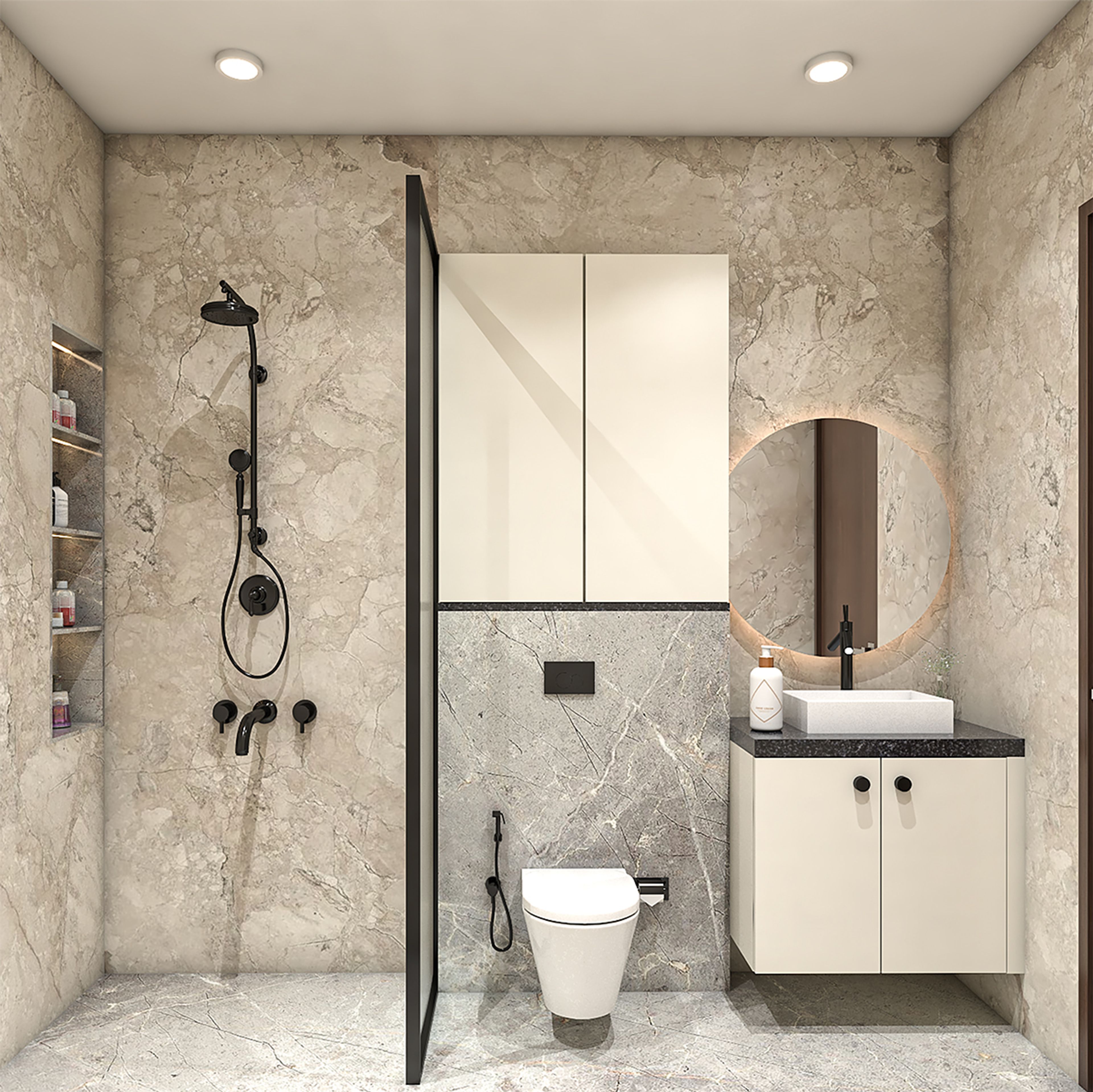 Modern Bathroom Design with Beige Stone Textured Marble Tiles and Backlit Round Mirror