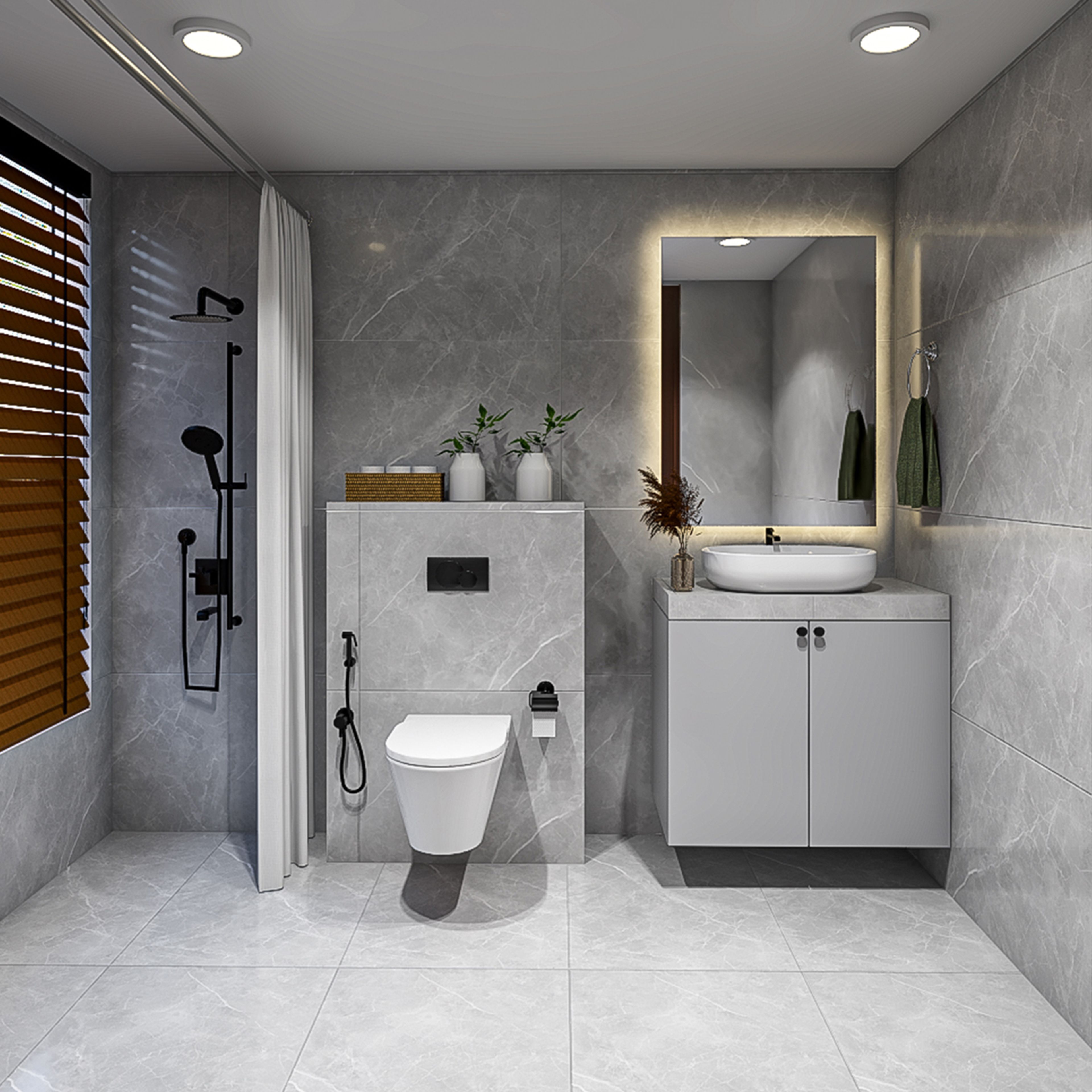 Modern Bathroom Design with Monochromatic Light Grey Marble Tiles and Backlit Mirror