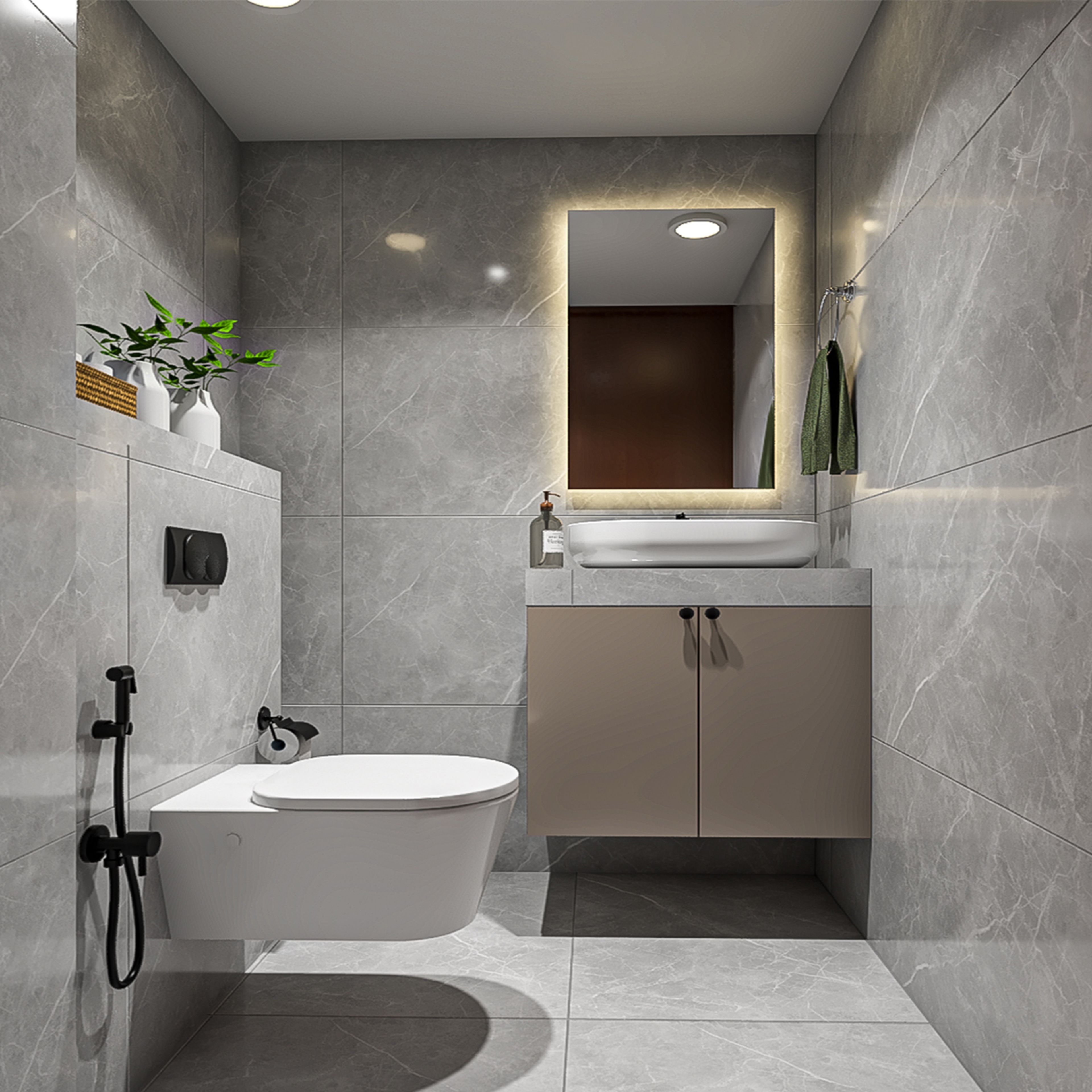 Modern Bathroom Design with Floating Taupe Vanity and Grey Marble Wall Tiles