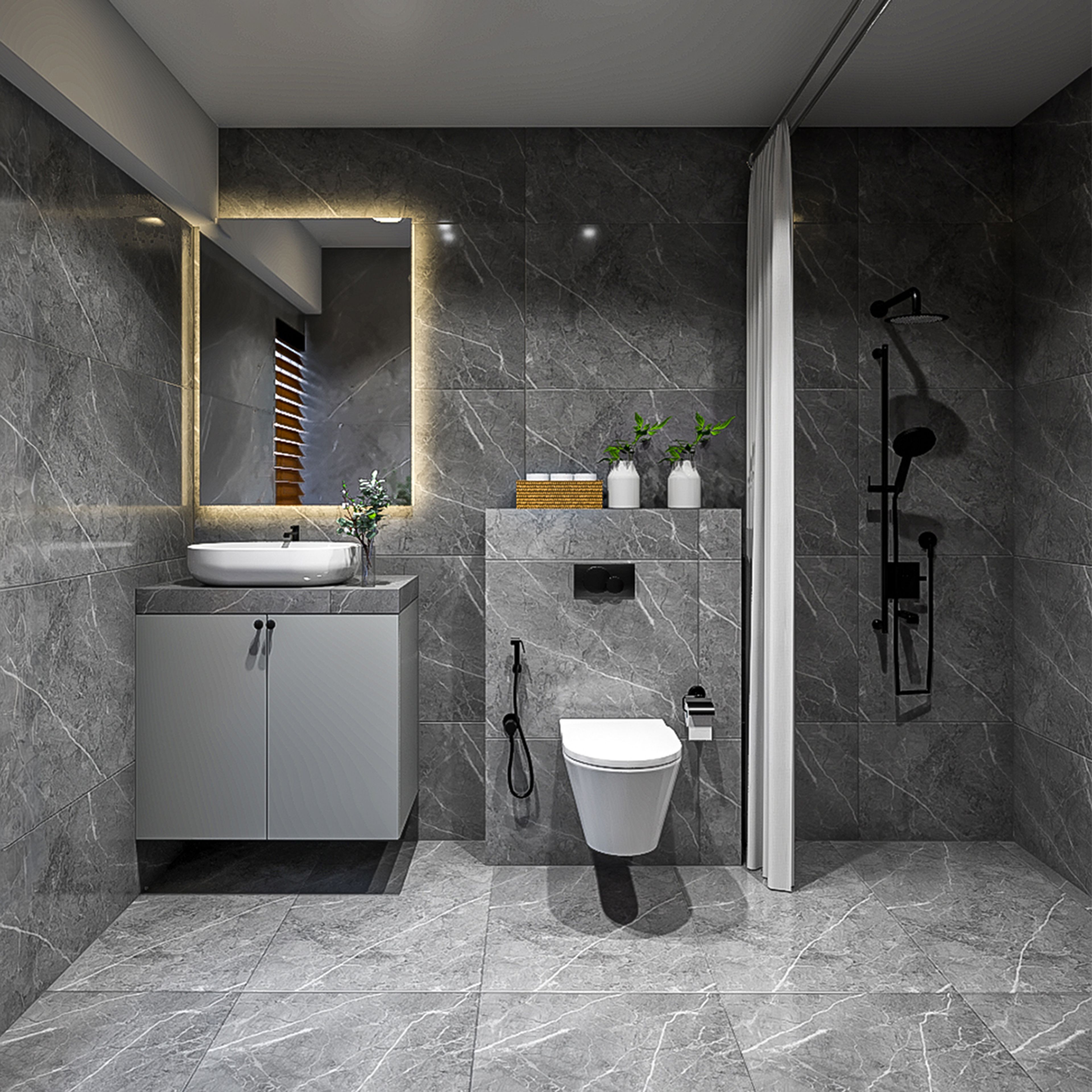 Modern Bathroom Design with Dark Grey Marble Tiles Vanity and Mirror