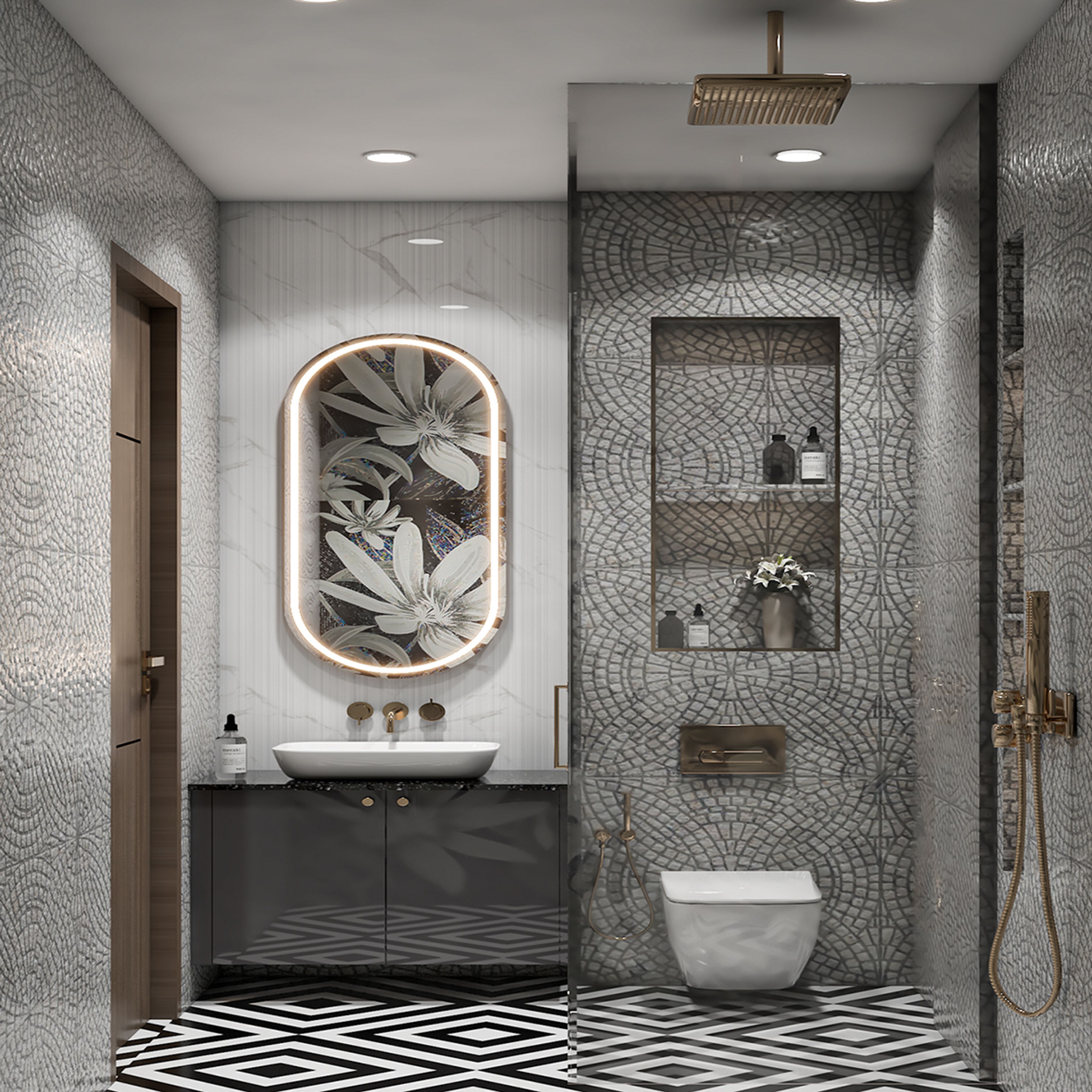 Contemporary Bathroom Design with Black and White Tiles and Floral Motif Oval Mirror