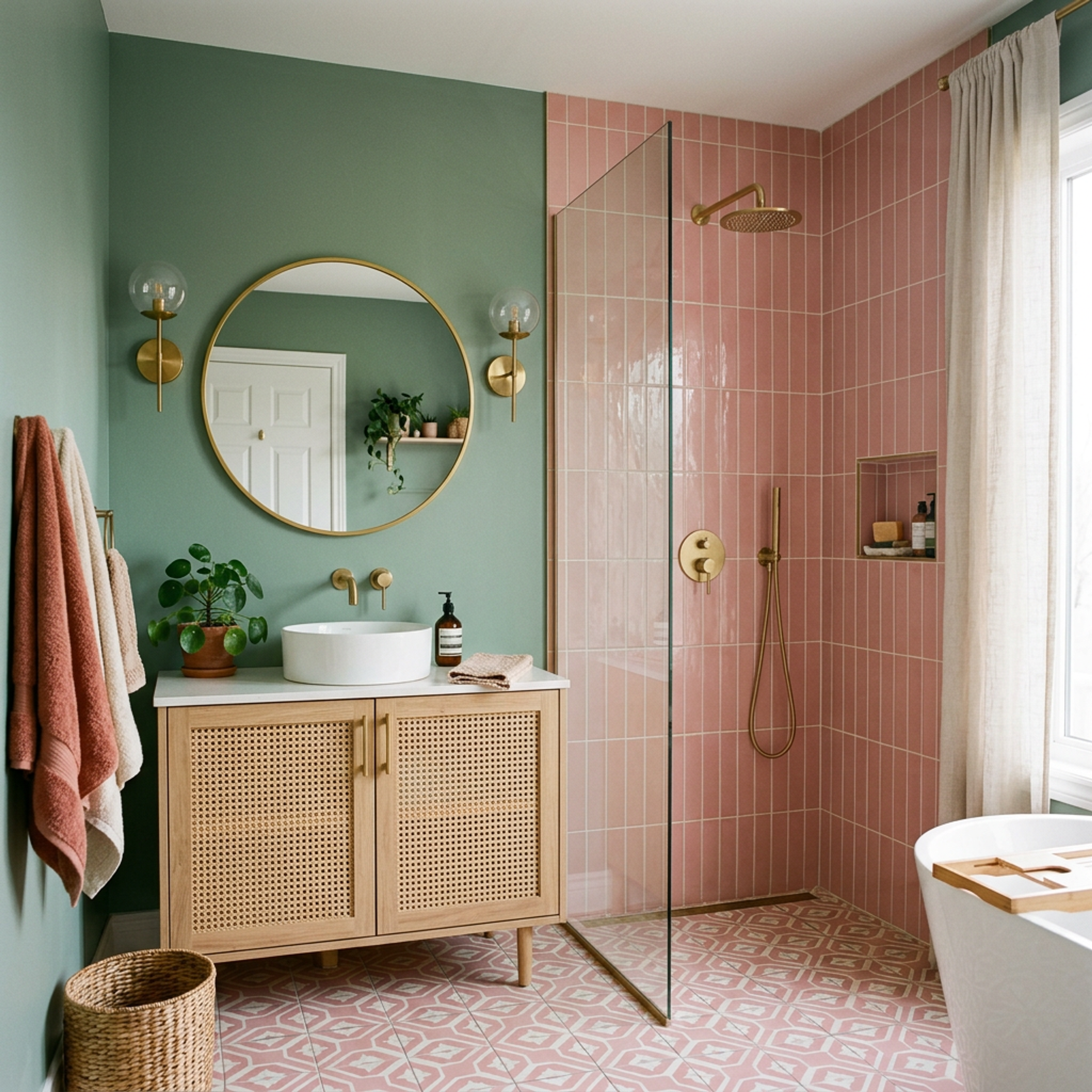 Rectangular Vertified Bathroom Tile Design with Pink Subway Tiles and Matte Finish