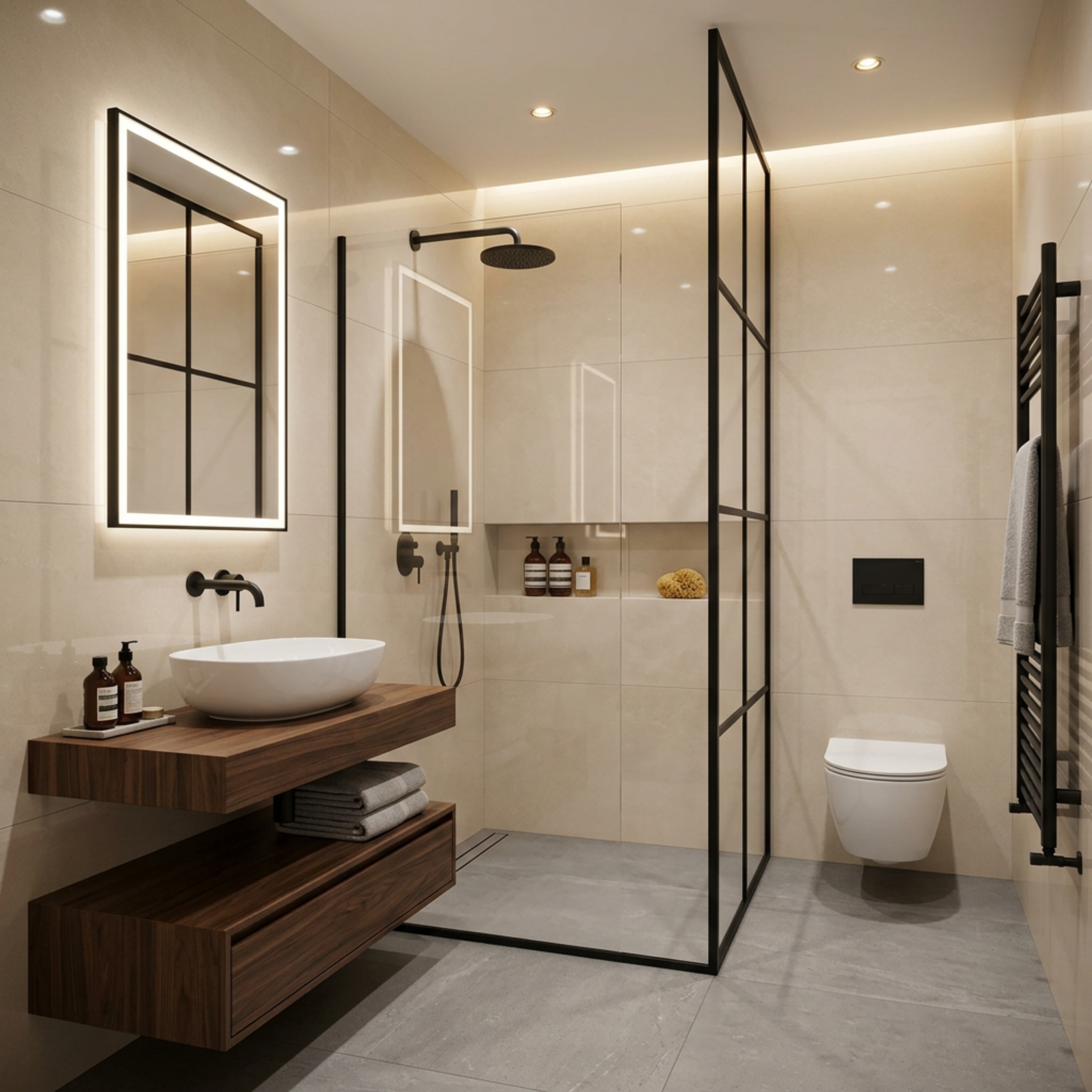 Modern Bathroom Design with Black Grid Framed Glass Shower Enclosure and Wall Mirror