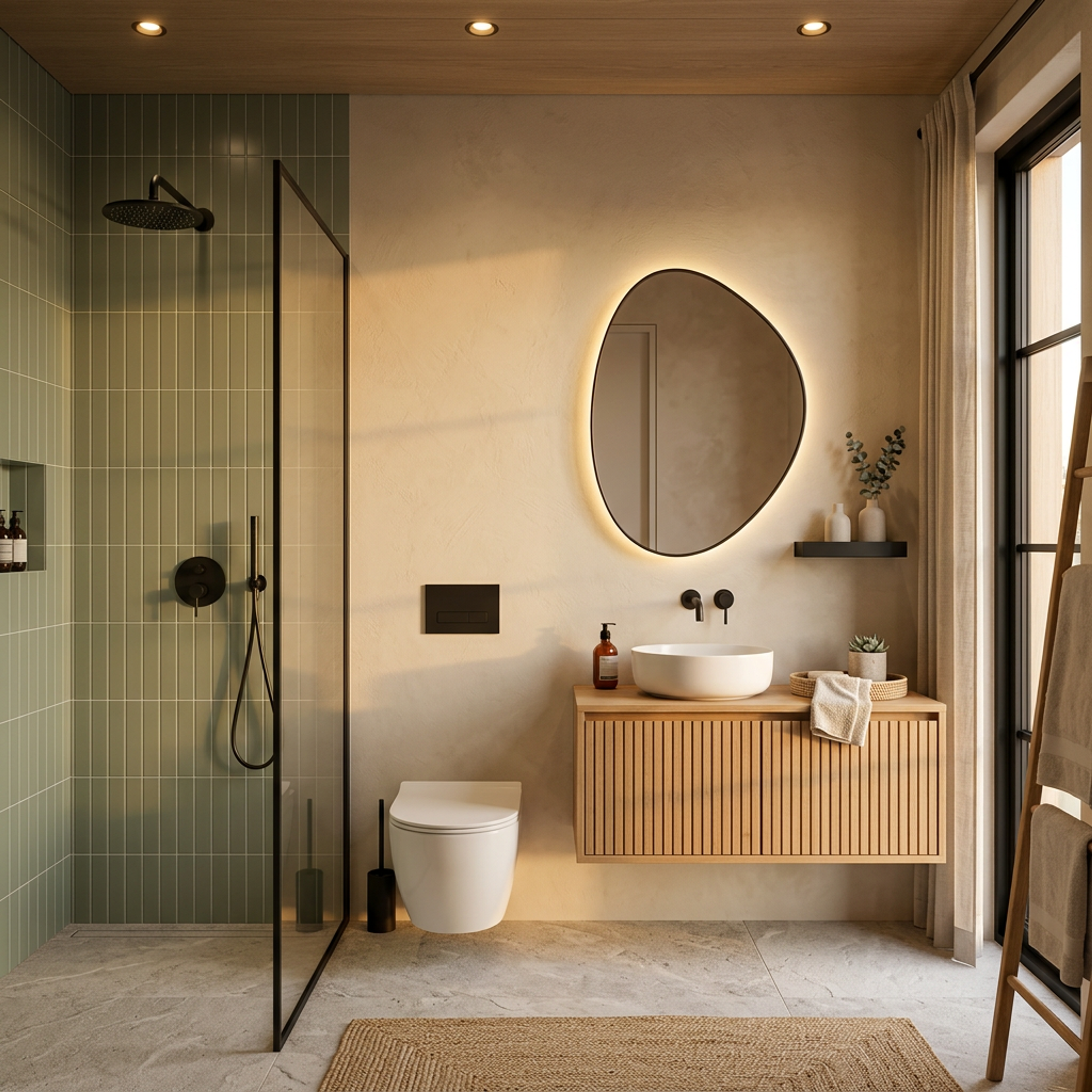 Japandi Style Sage Green and Beige Modern Bathroom Design with Backlit Mirror