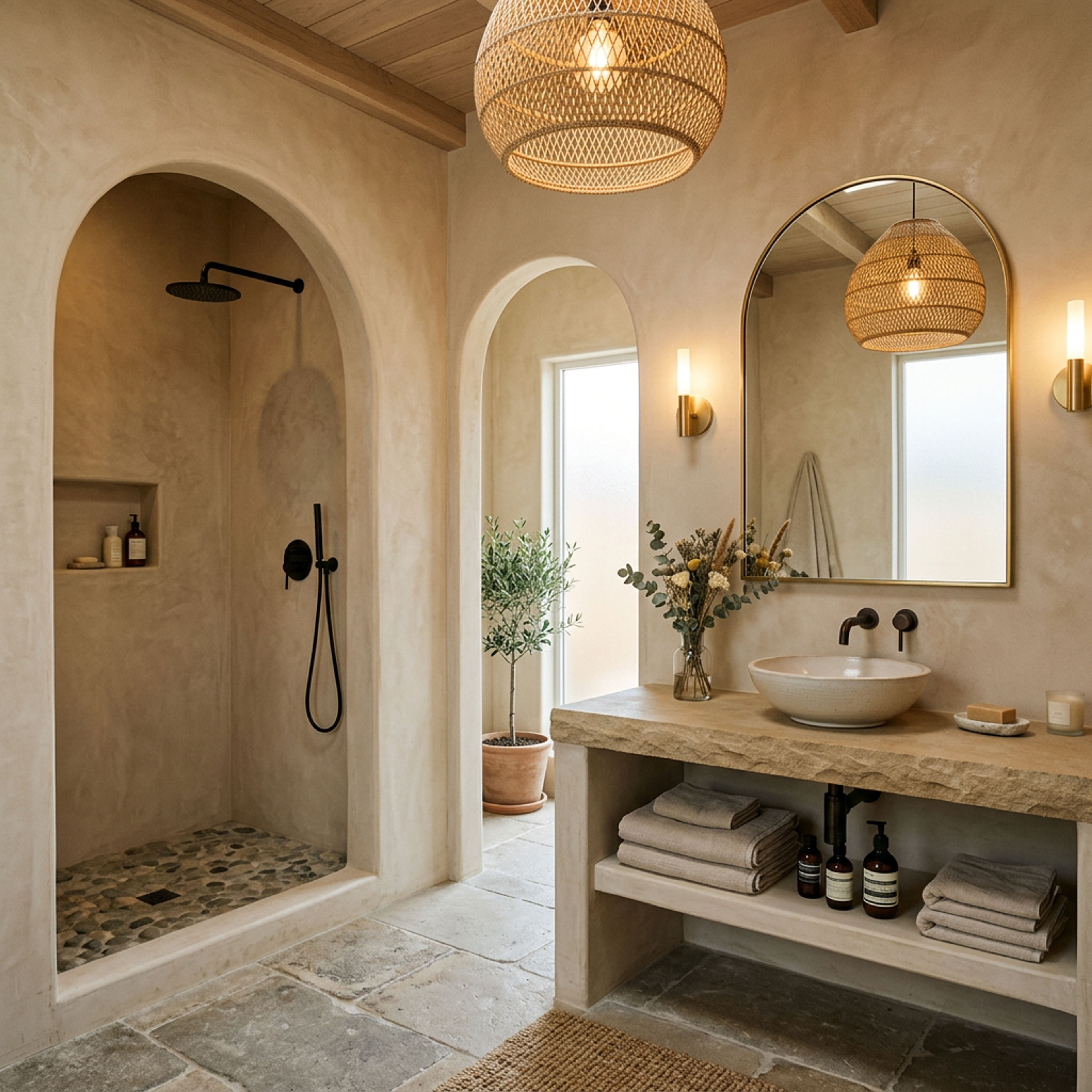 Mediterranean Contemporary Bathroom Design with Architectural Walk In Archways