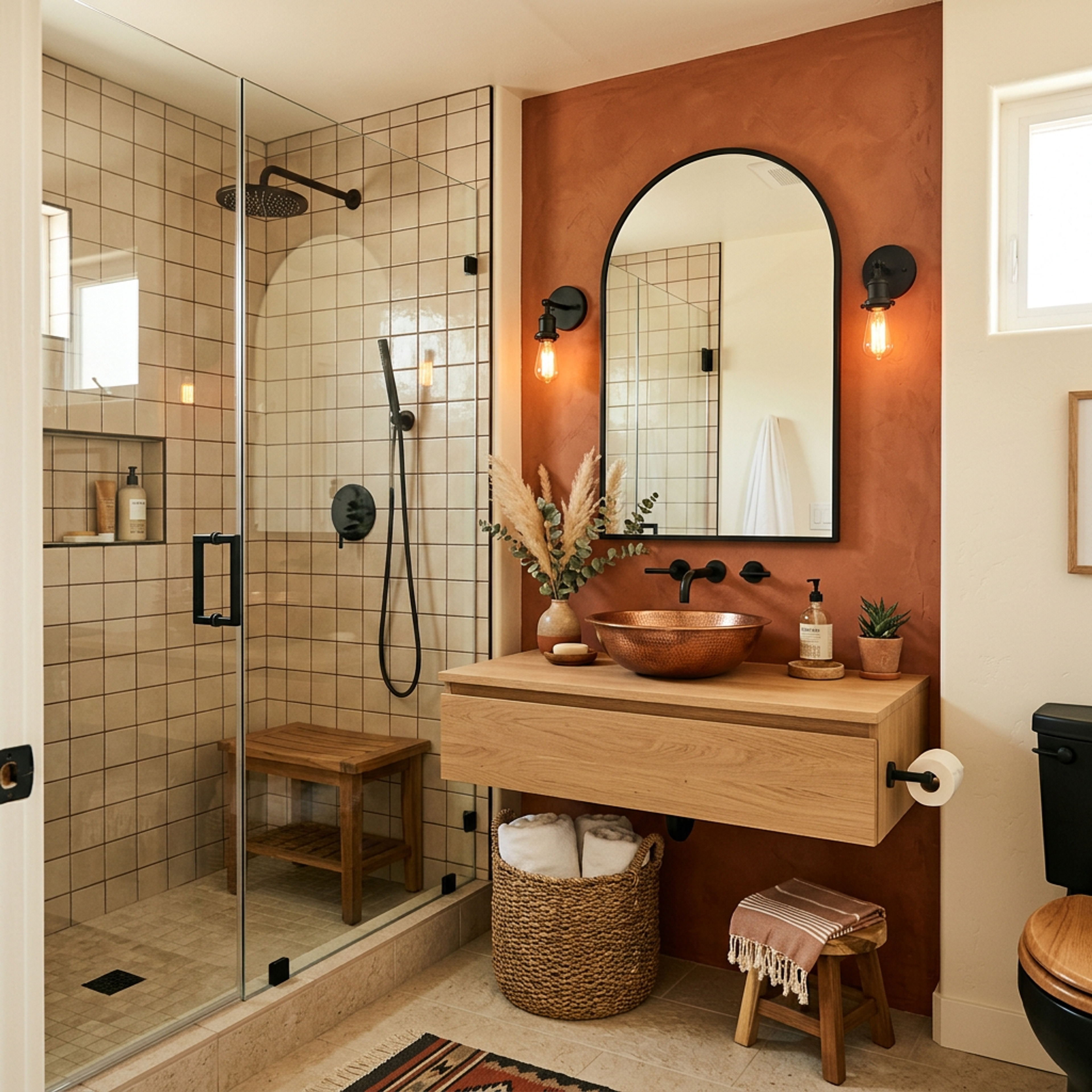 Modern White Bathroom Design with Terracotta Wall and Arched Mirror