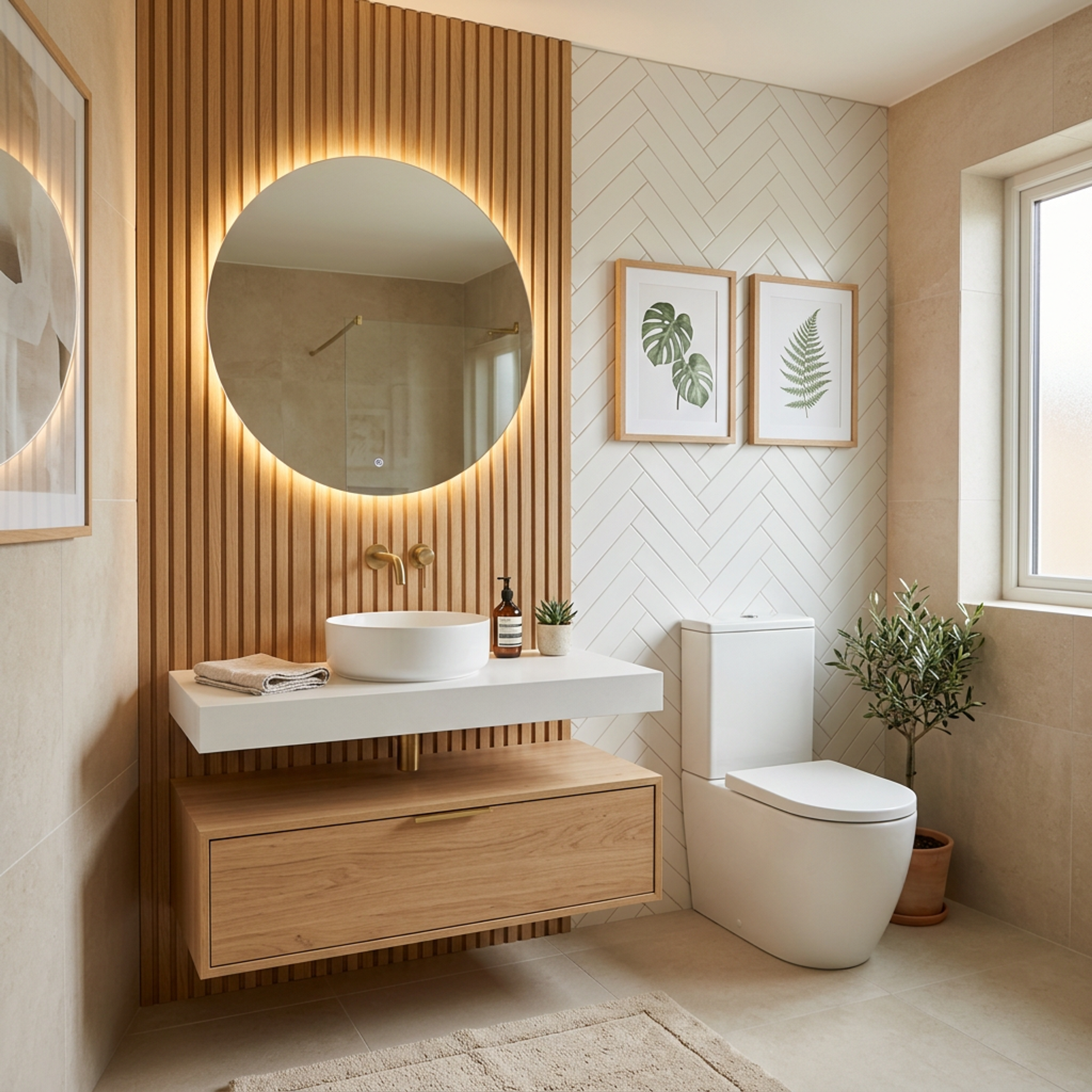 Contemporary White Tiles Bathroom Design with Vertical Wooden Slat Accent Wall