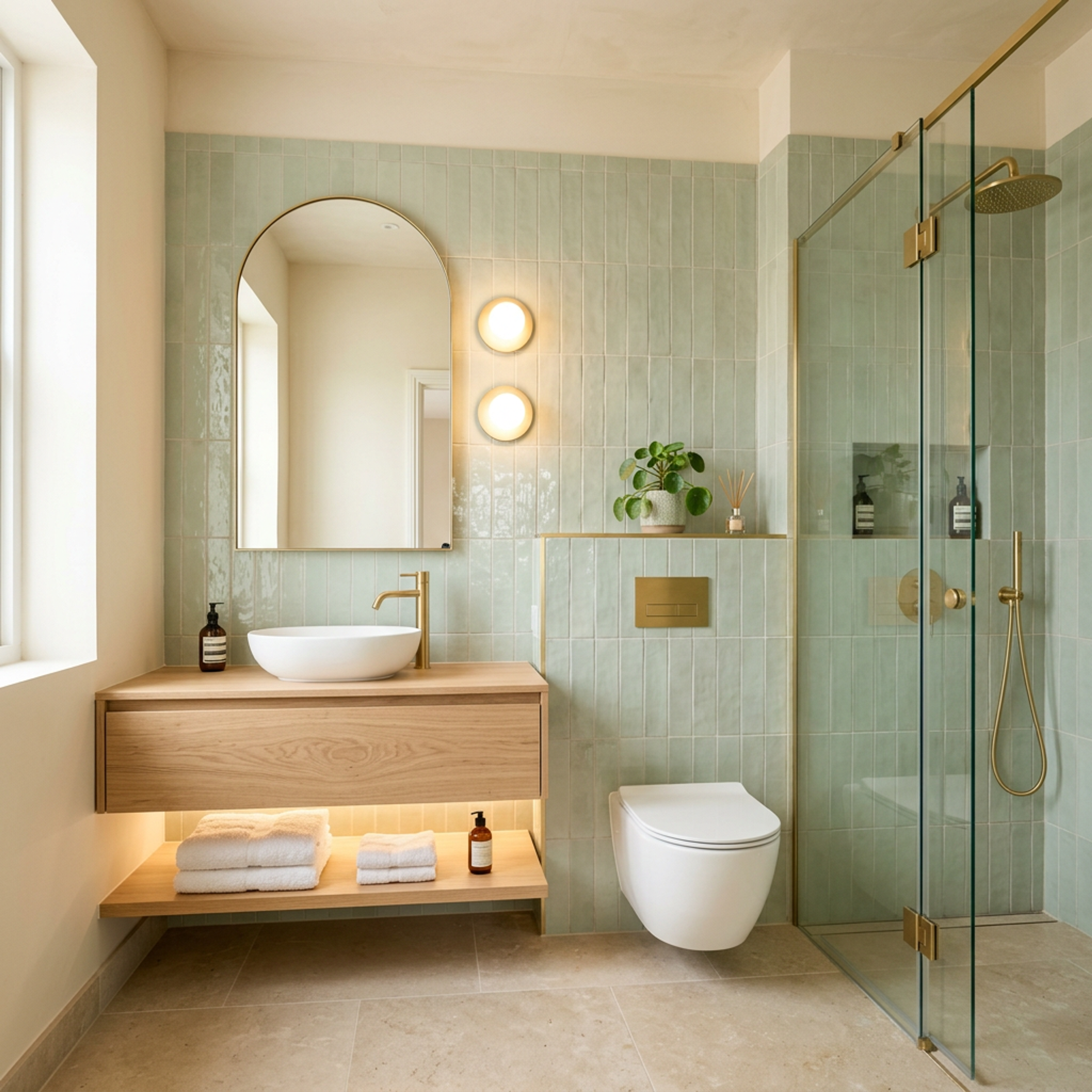 Modern Bathroom Design with Glossy Mint Green Vertical Subway Tiles and Floating Vanity