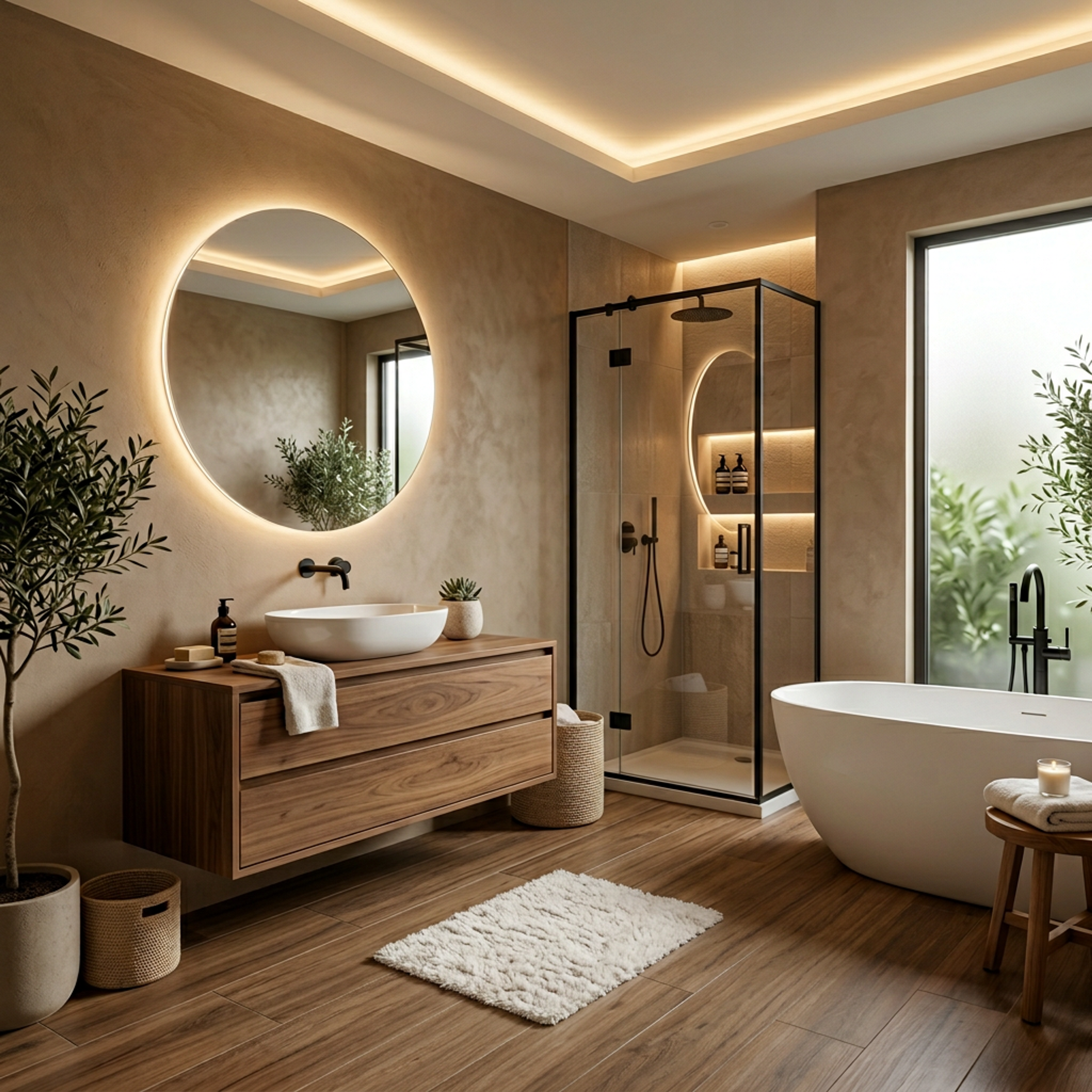Contemporary Bathroom Design with Round Mirror and Freestanding Tubs