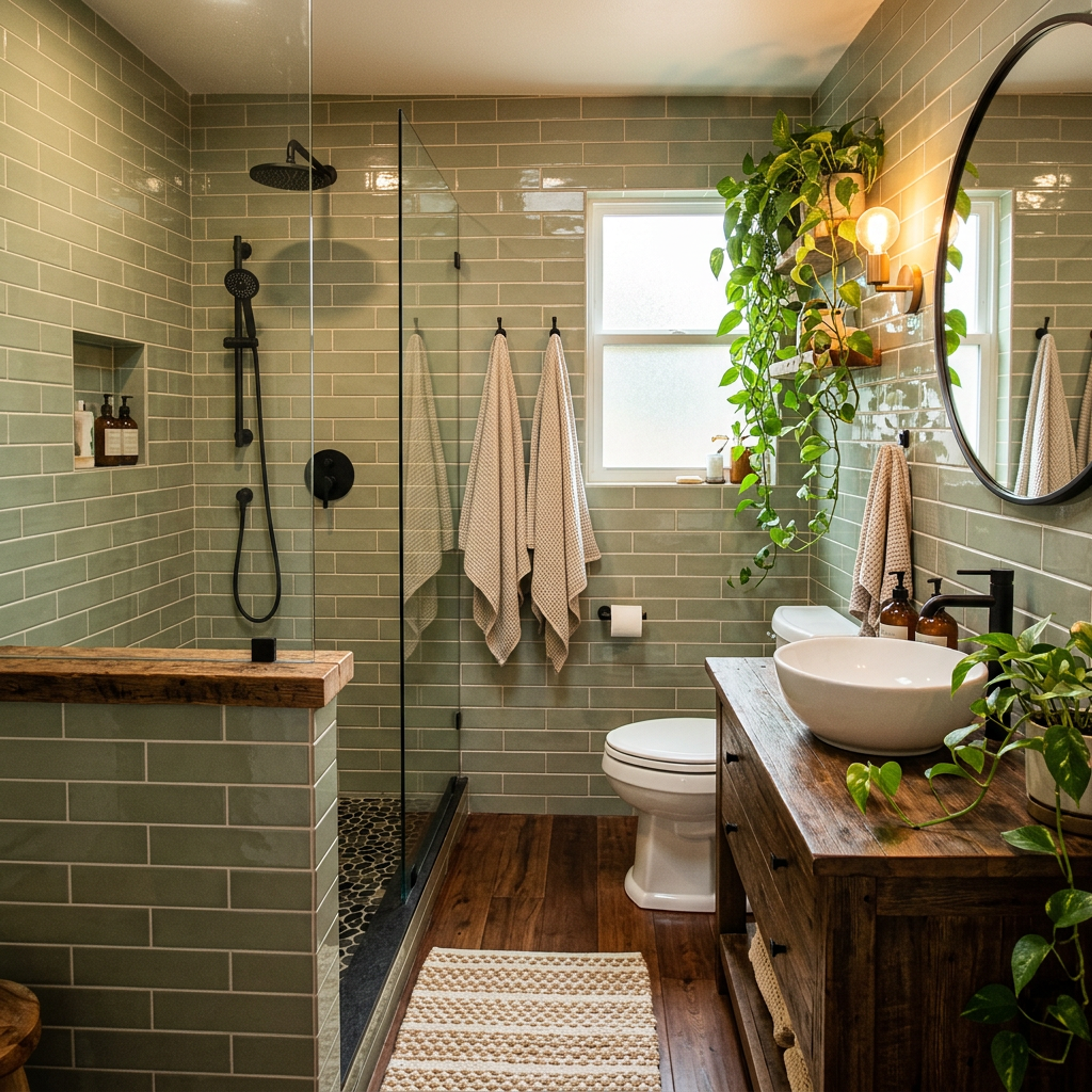 Modern Bathroom Design with Green Tiles and Wood Vanity Storage