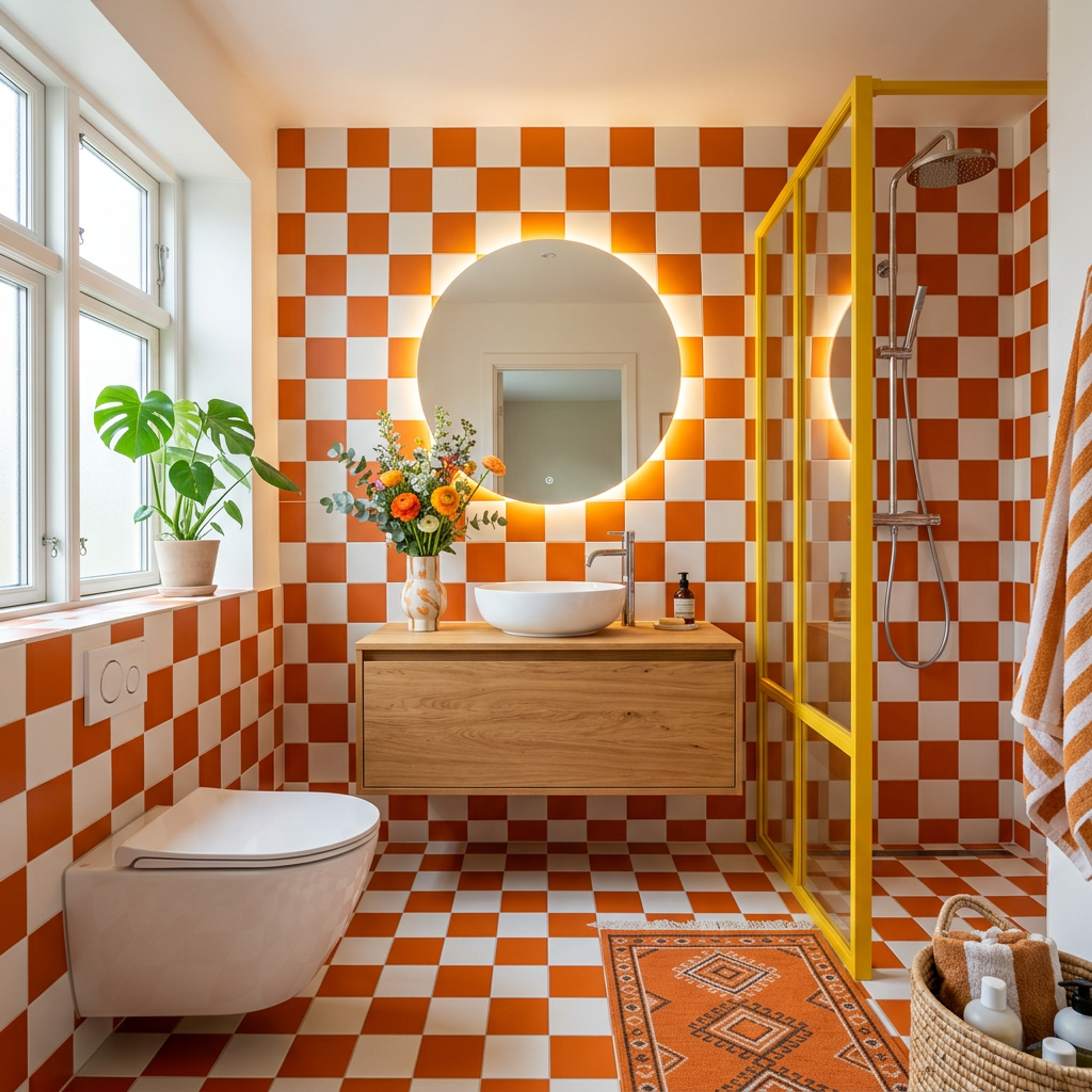 Contemporary Bathroom Design with Orange White Tiles and Round Mirror