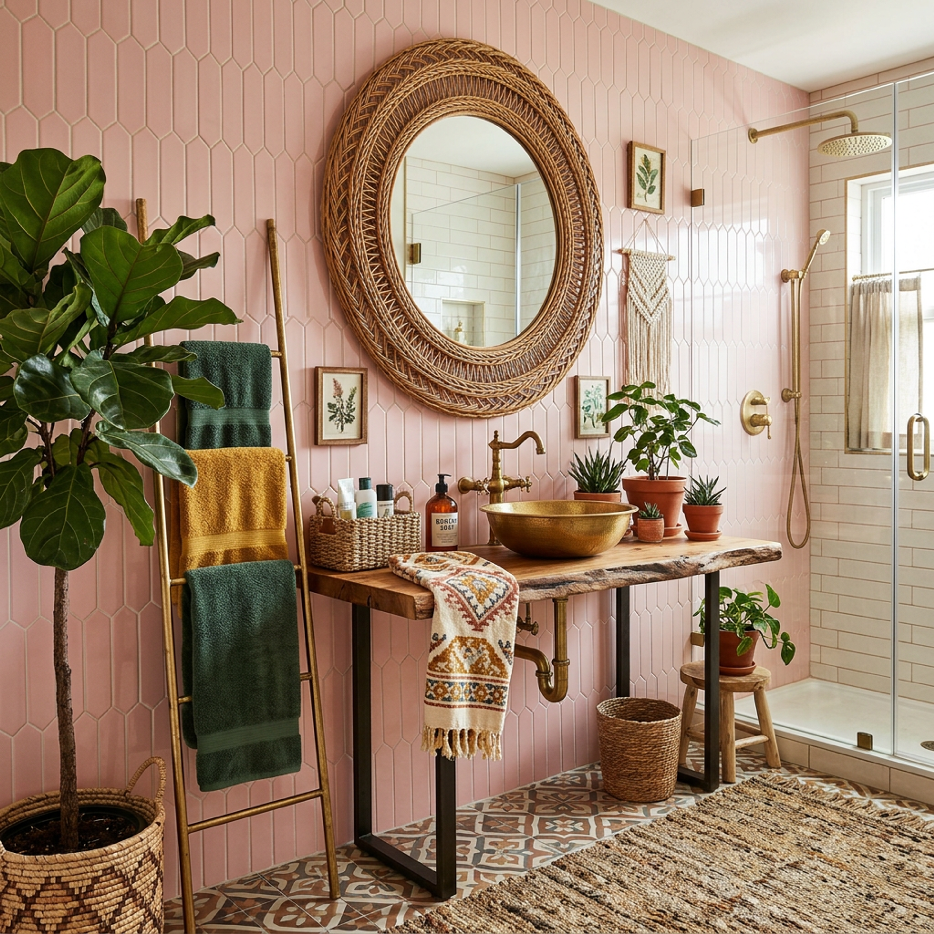 Scandinavian Bathroom Design with Light Pink Tiles and Woven Round Mirror