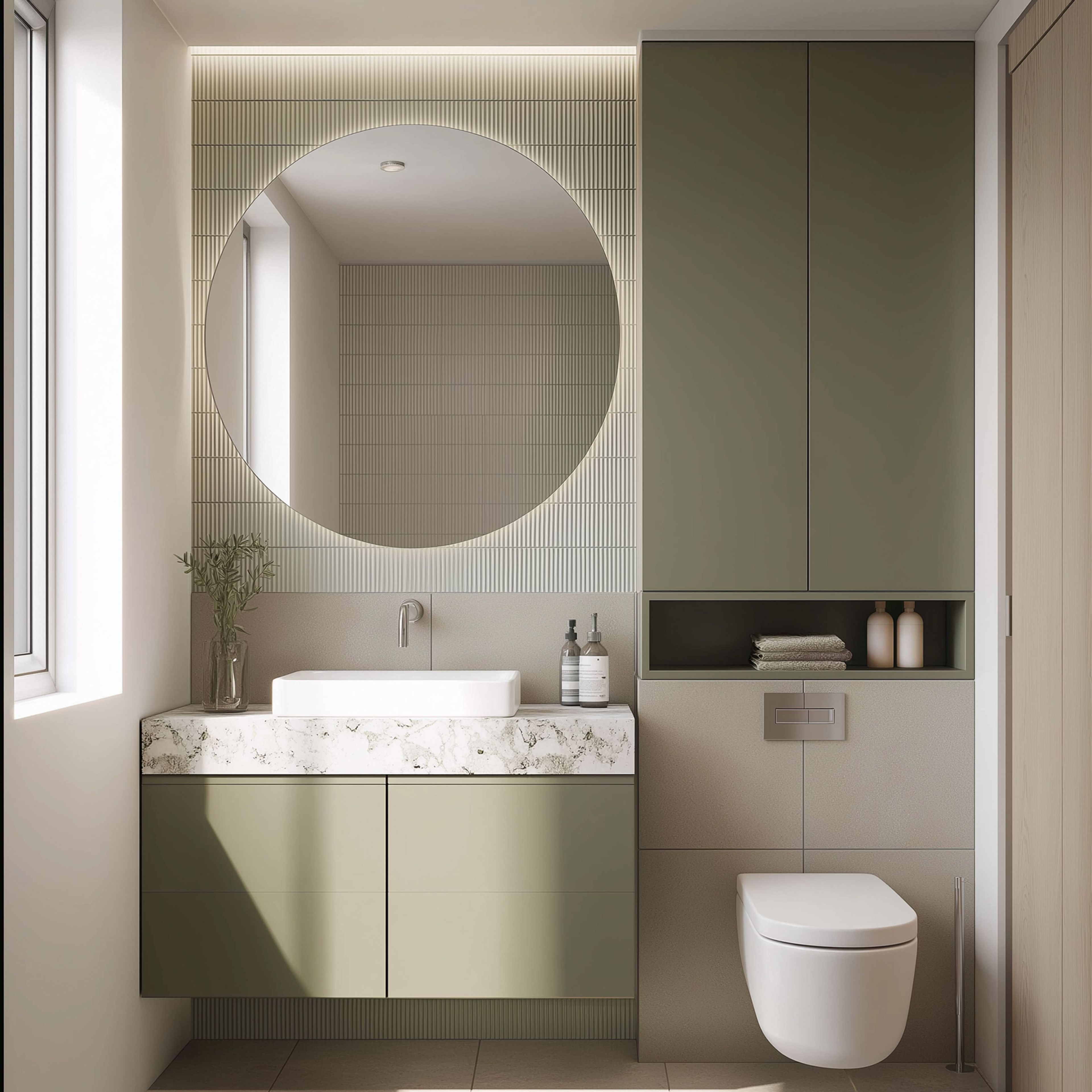 Minimal Bathroom Design with Round Mirror and Green Beige Tiles