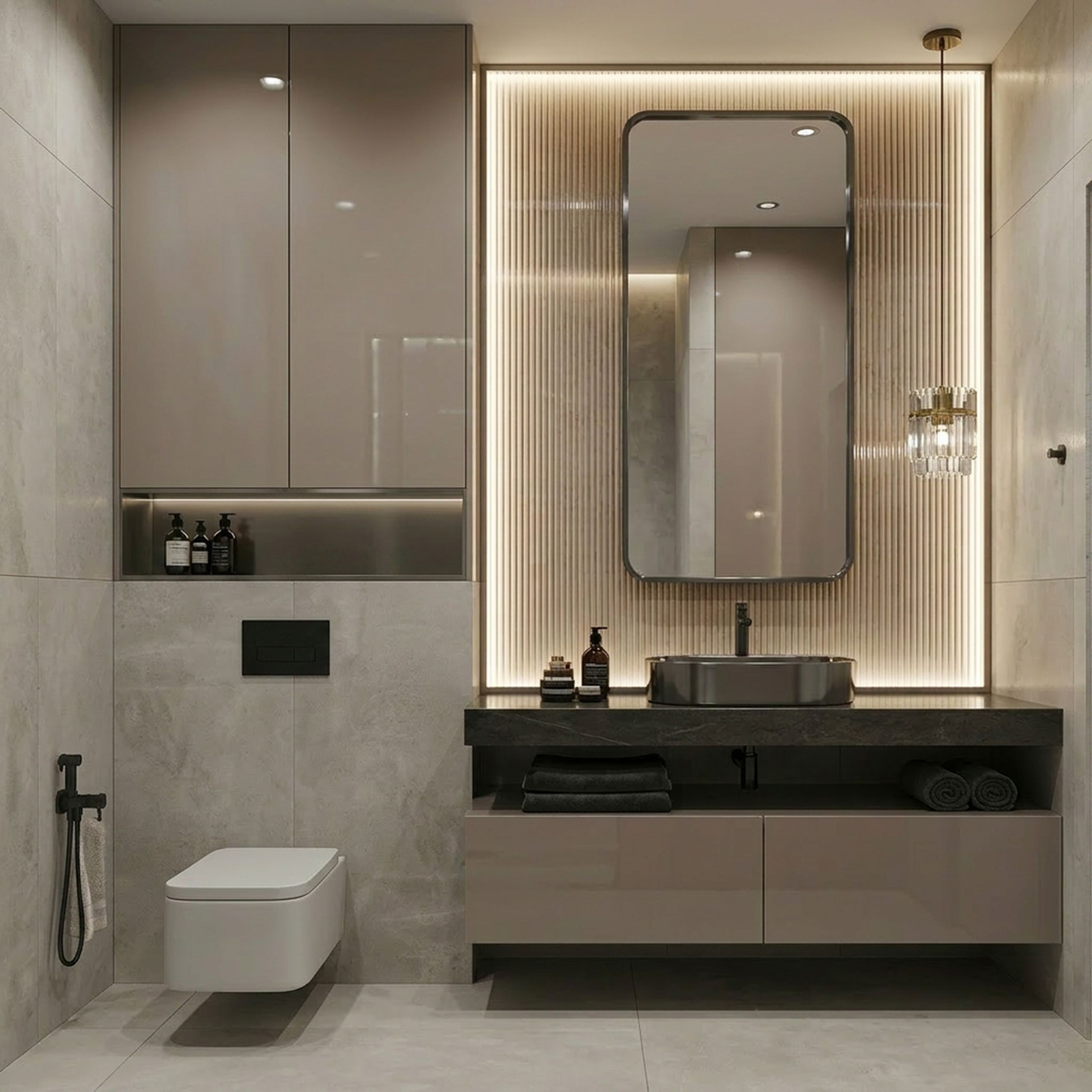 Contemporary Bathroom Design with Backlit Wooden Slat Mirror Frames
